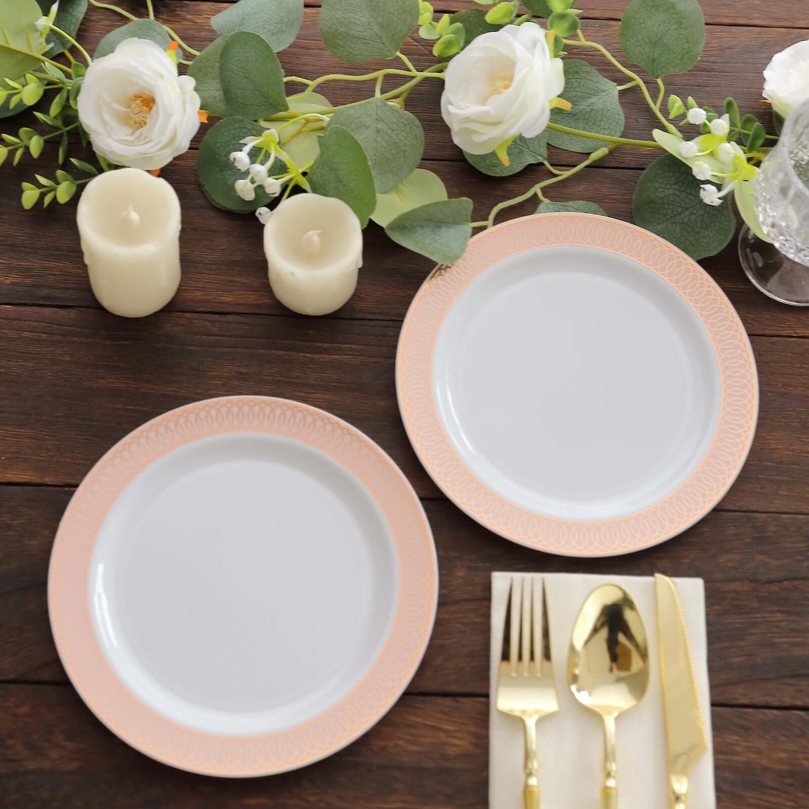 10-Pack Plastic Round Dessert Plates 7" White with Blush Rose Gold Spiral Rim - Chic Disposable Salad Plates for Events & Banquets