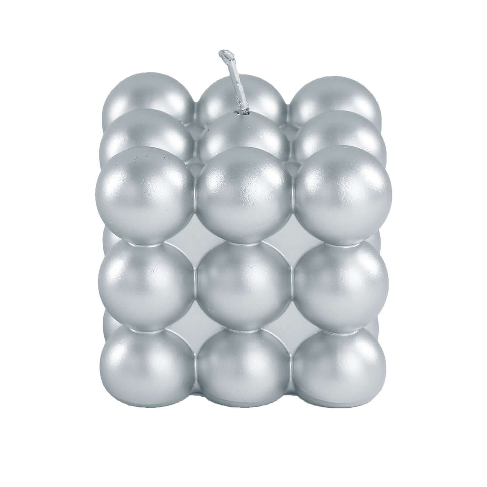 2-Pack Decorative Paraffin Wax Candles Bubble Cube Design Metallic Silver - Unscented Long Burning Pillar Candle Set 2"