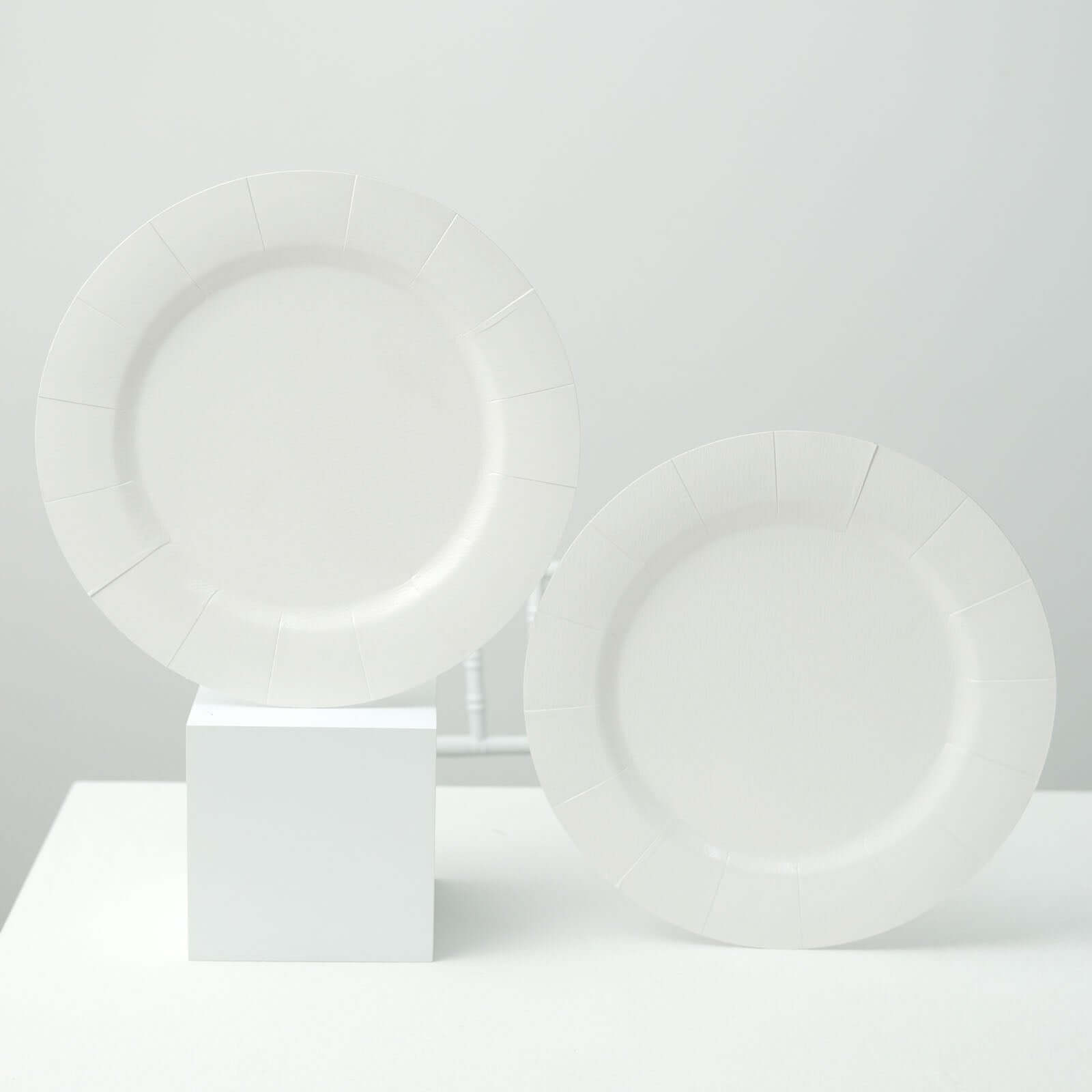 10-Pack Disposable Round Charger Plates in White with Leathery Texture - Durable 1100GSM Cardboard Placemats for Dinner Parties & Banquets 13"