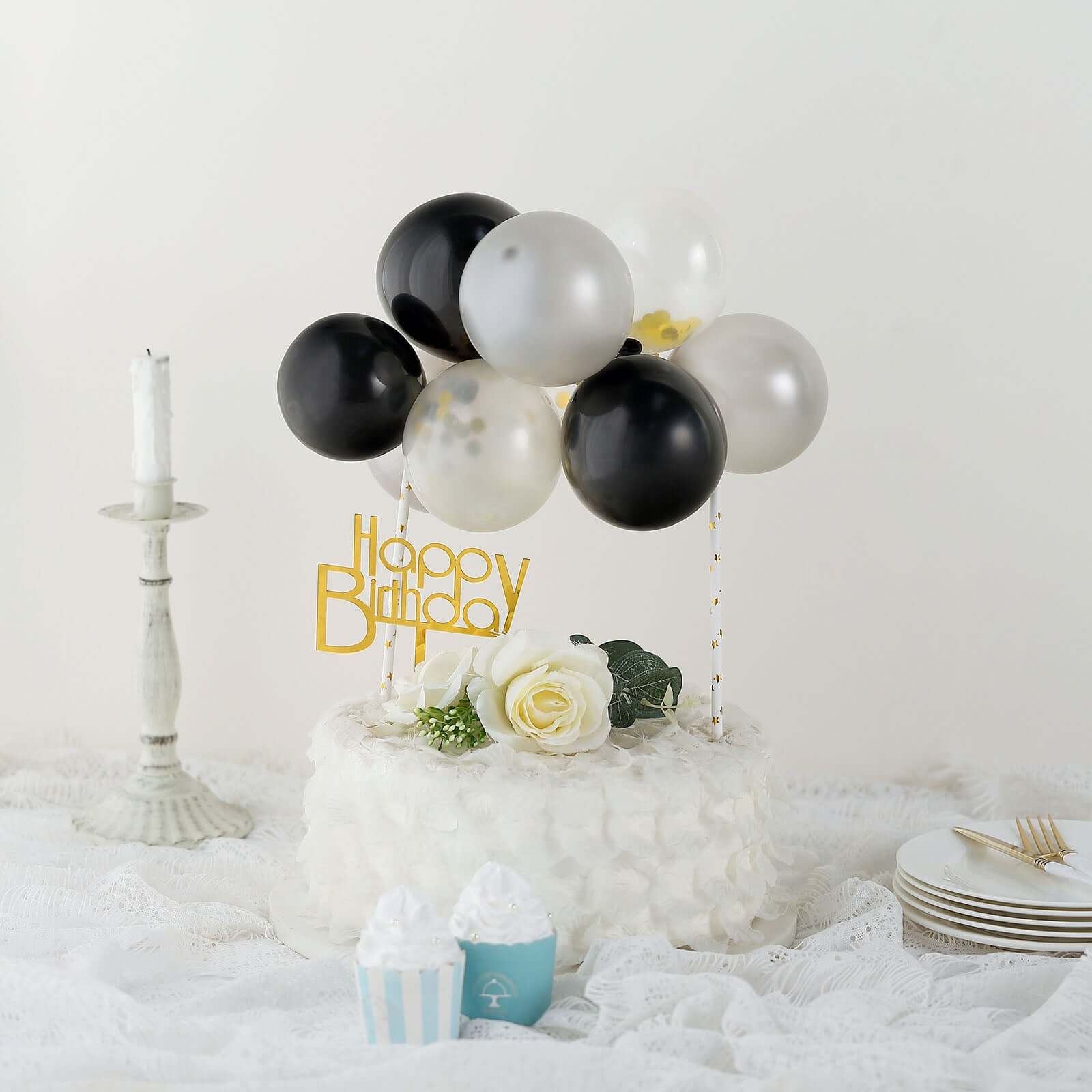 11 Pcs Balloon Cake Topper Black, Silver and Clear - Whimsical Clustered Mini Garland Cake Inserts DIY Party Decorations