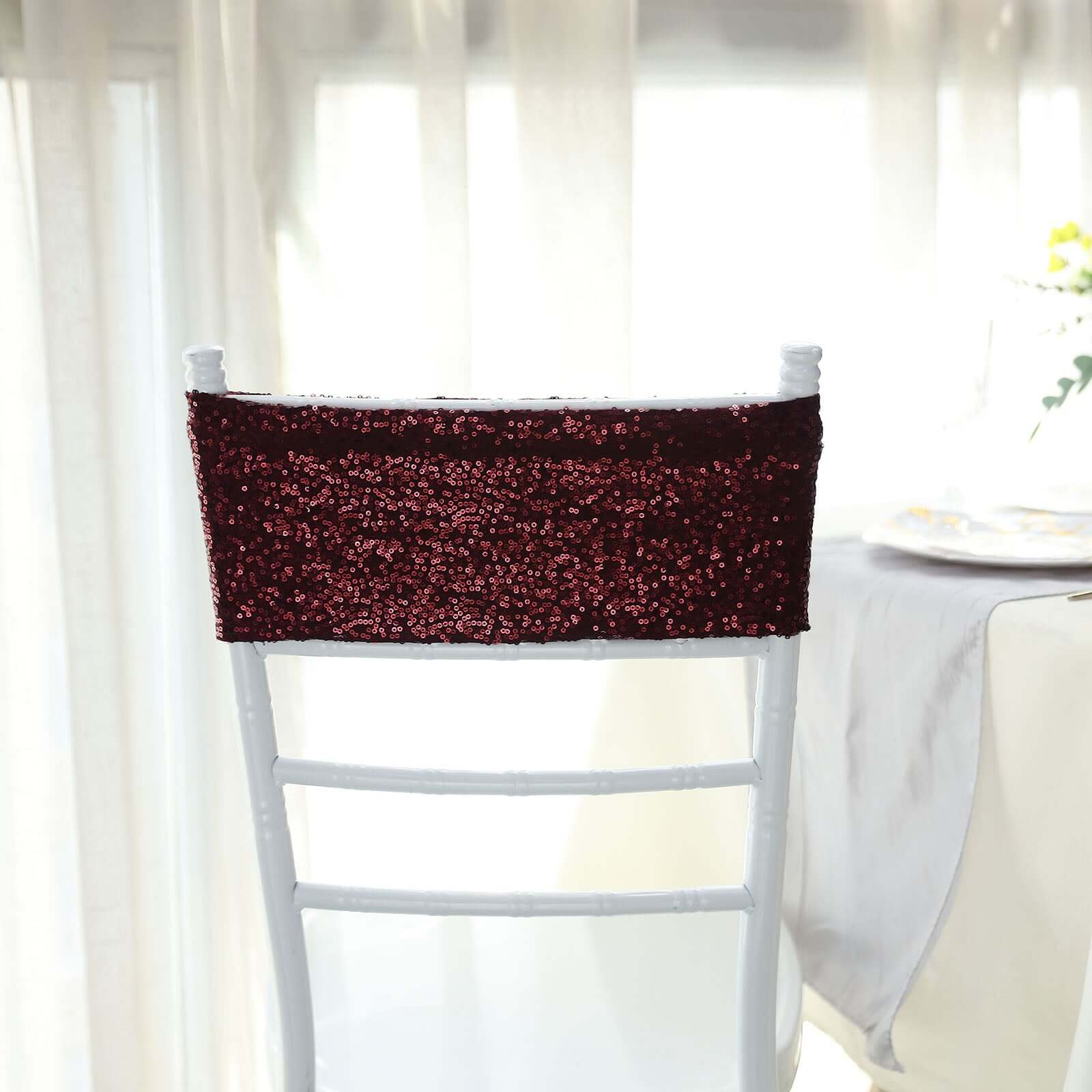 5 Pack Sequin Spandex Chair Sashes Burgundy - Stretch Chair Bands 6"x15"