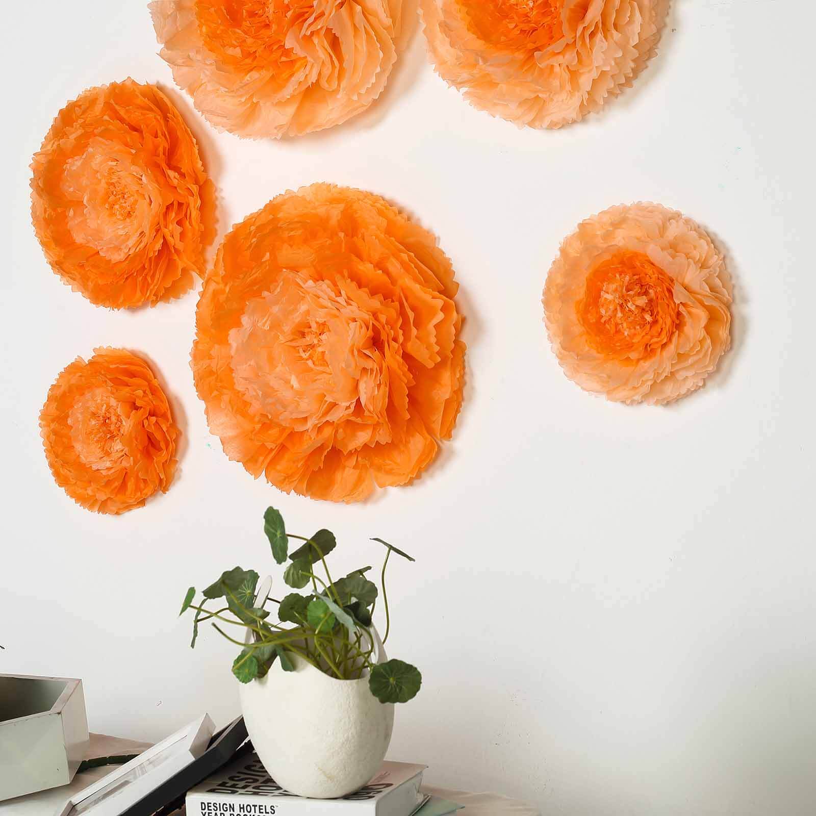 Set of 6 Coral Orange Carnation 3D Paper Flowers Wall Decor - 7",9",11"
