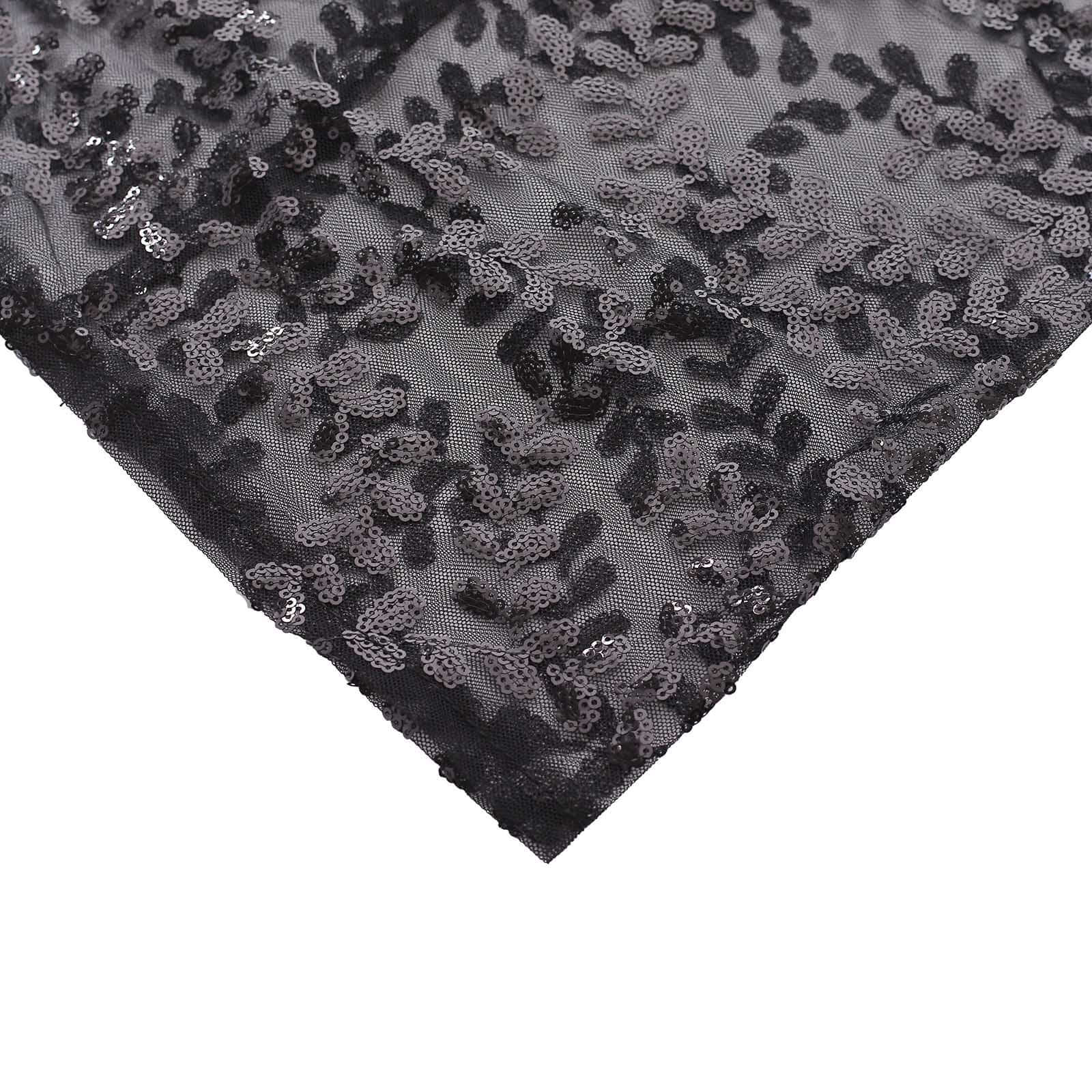 Set of 5 Black Sequin Mesh Cylinder Pedestal Stand Covers with Leaf Vine Embroidery, Sparkly Sheer Tulle Pillar Prop Covers