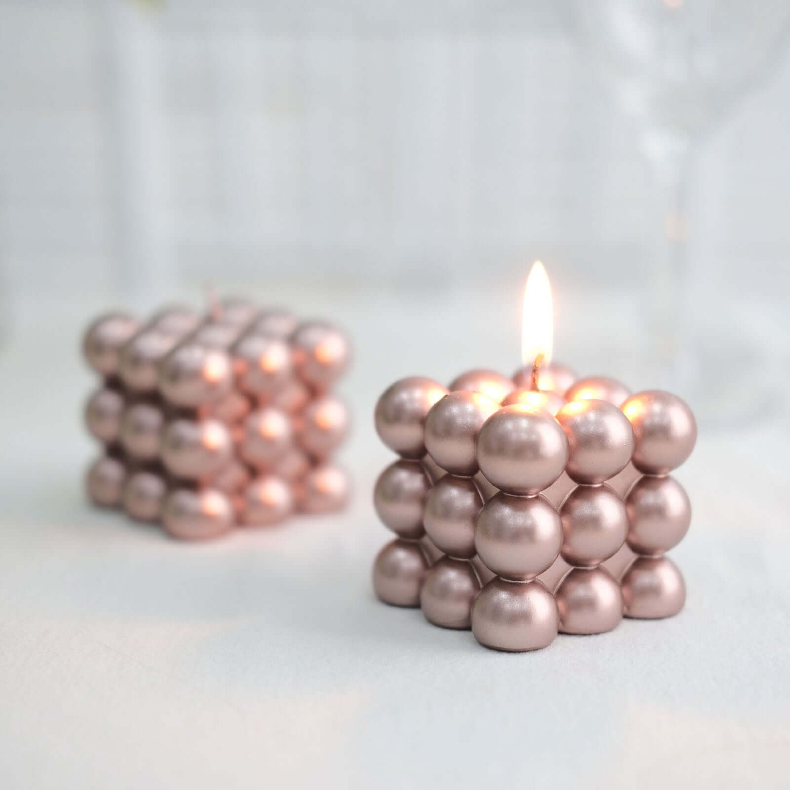 2-Pack Decorative Paraffin Wax Candles Bubble Cube Design Metallic Rose Gold - Unscented Long Burning Pillar Candle Set 2"