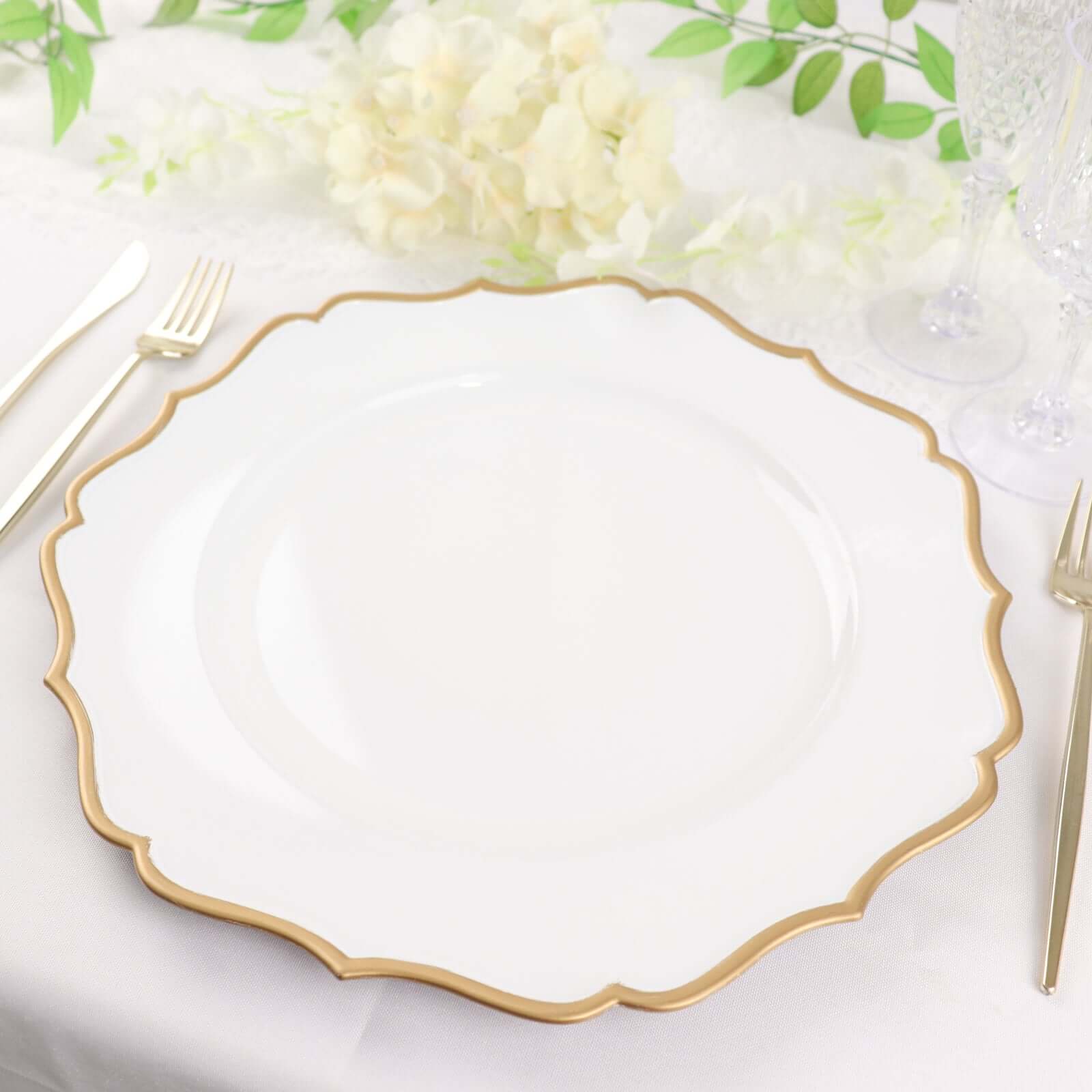 6-Pack Acrylic Round Charger Plates 13" in White with Gold Scalloped Rim, Decorative Dinner Party Plastic Charger Tableware