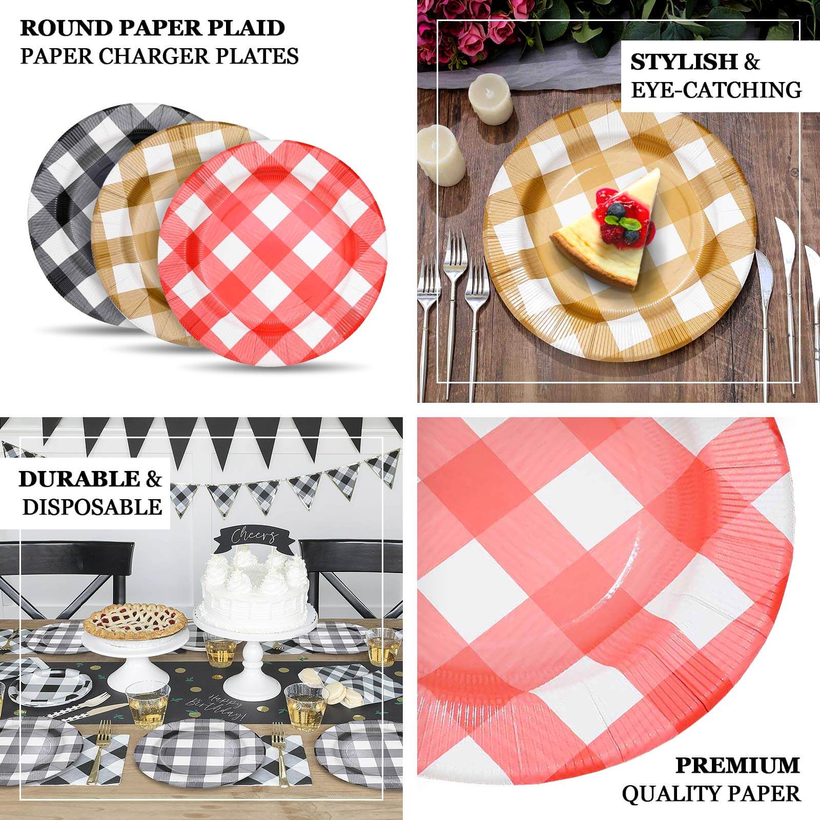 10-Pack Disposable Paper Charger Plates – Black/White Buffalo Plaid 13" Round Table Chargers, 350 GSM Cardstock