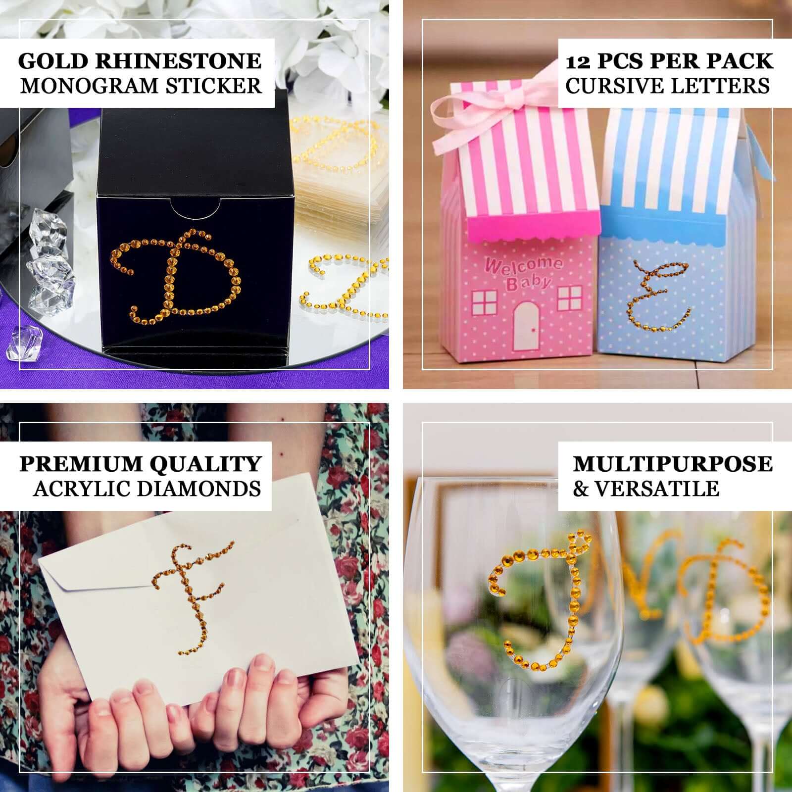 12 Pack 1.5" Gold Rhinestone Monogram Letter Jewel Sticker Self Adhesive DIY Diamond Decor - U