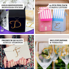 12 Pack 1.5" Gold Rhinestone Monogram Letter Jewel Sticker Self Adhesive DIY Diamond Decor - U