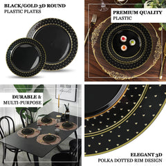 10-Pack Plastic 7.5" Round Dessert Plates in Black with Gold 3D Polka Dotted Rim - Durable Disposable Appetizer Salad Plates for Modern Themed Events & Banquets