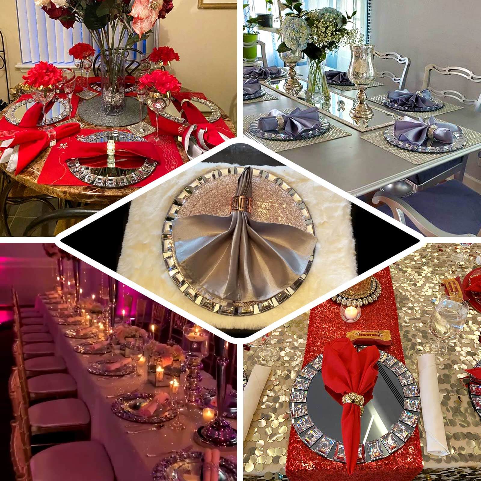 2-Pack Glass Mirror Round Charger Plates 13" in Silver with Jeweled Rim - Premium Decorative Dinner Party Charger Tableware