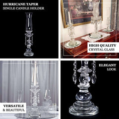 Crystal Glass Hurricane Candle Taper Candlestick Holder, Decorative Piece With Chandelier Chains 20"