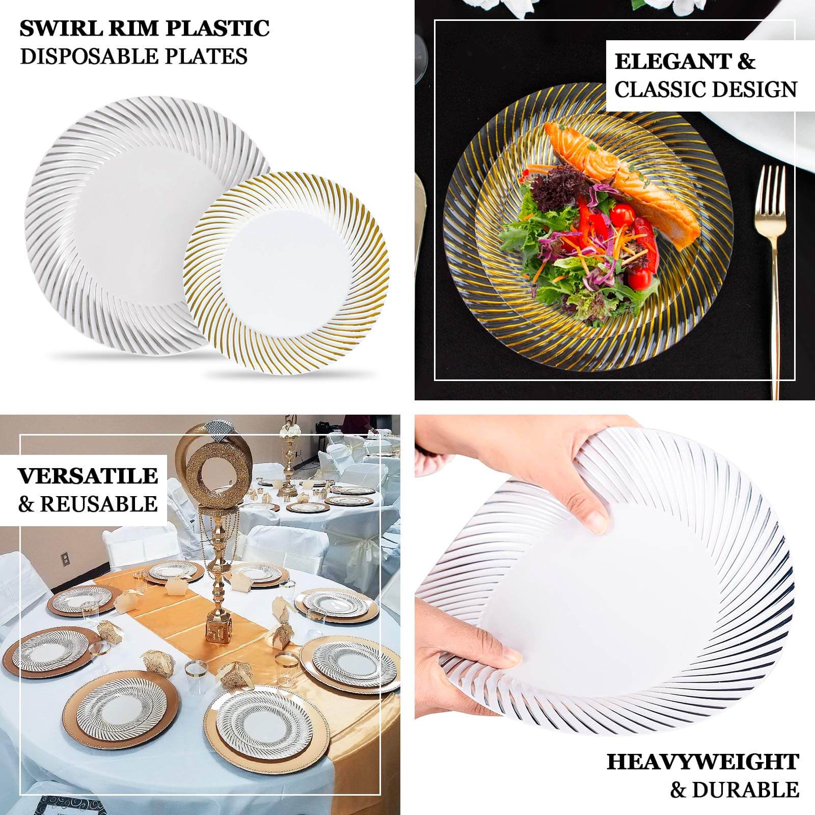 10-Pack Plastic 7" Round Dessert Plates in White with Gold Swirl Rim - Disposable Salad Plates for Classy Events & Banquets