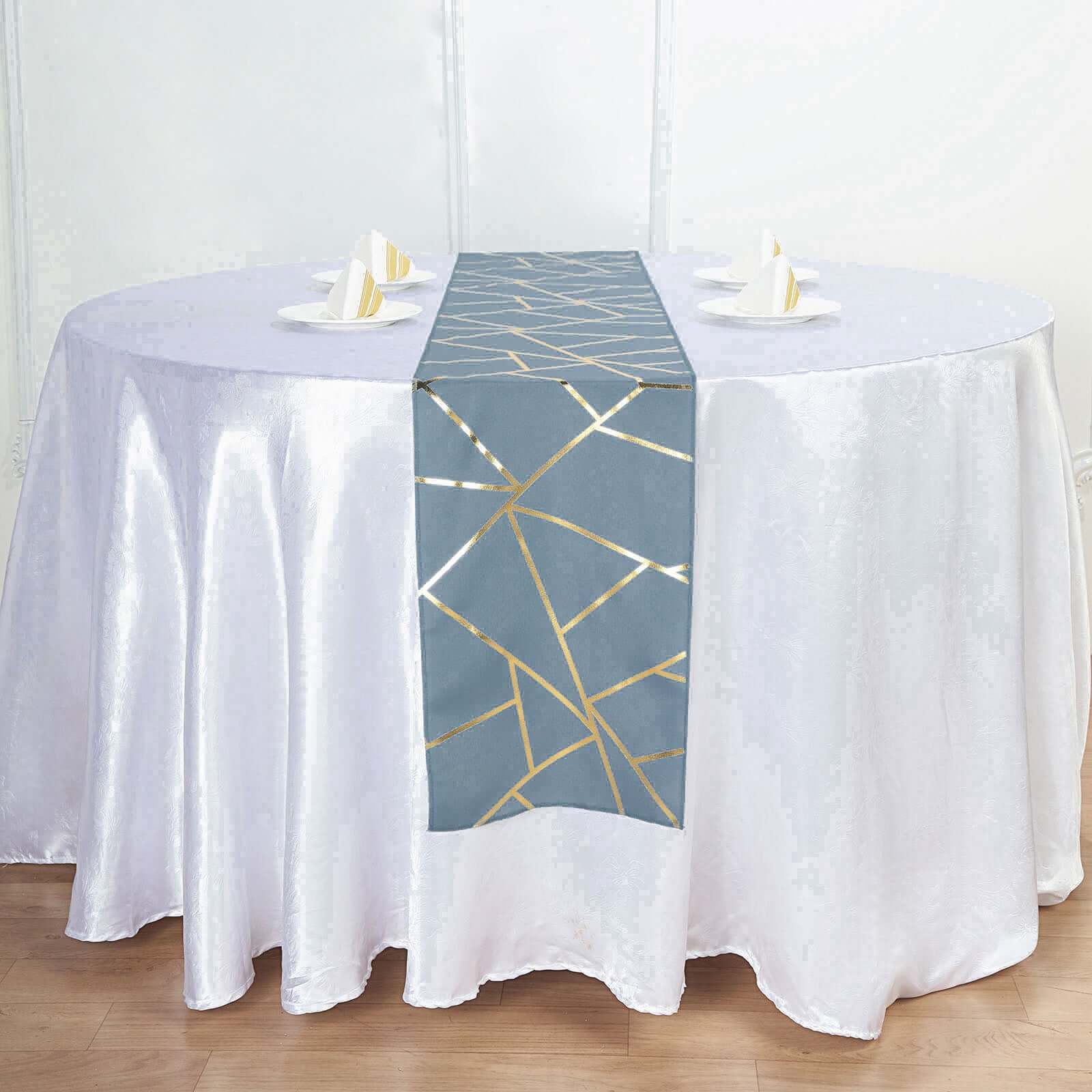 Polyester 9ft Table Runner Dusty Blue with Gold Foil Modern Geometric Accent