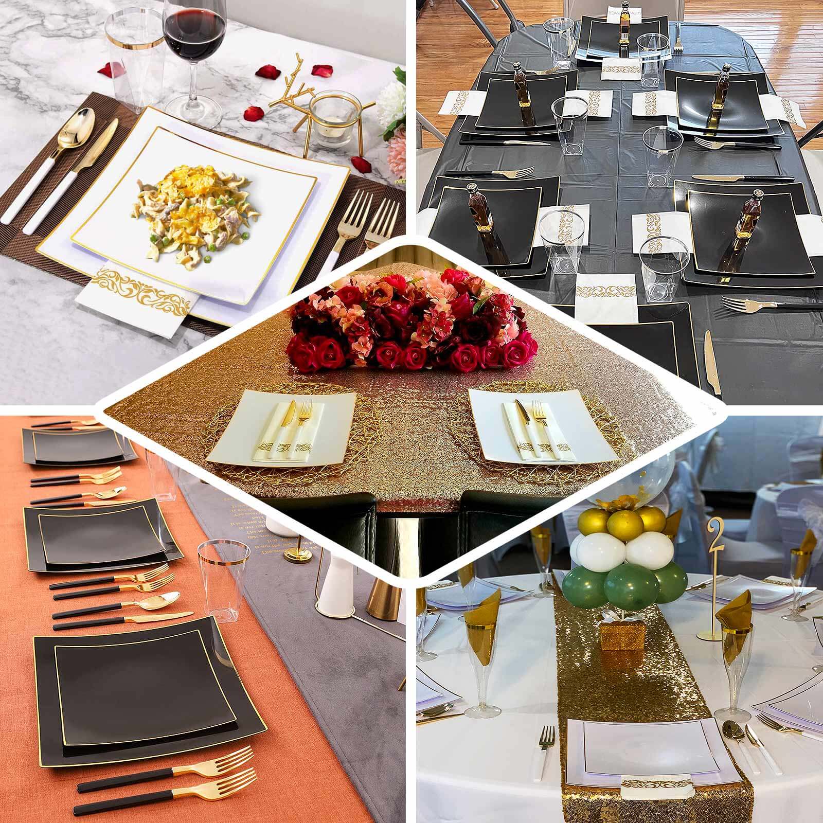 10-Pack Plastic 10" Square Dinner Plates in Taupe Concave Style with Gold Rim - Modern Disposable Party Plates