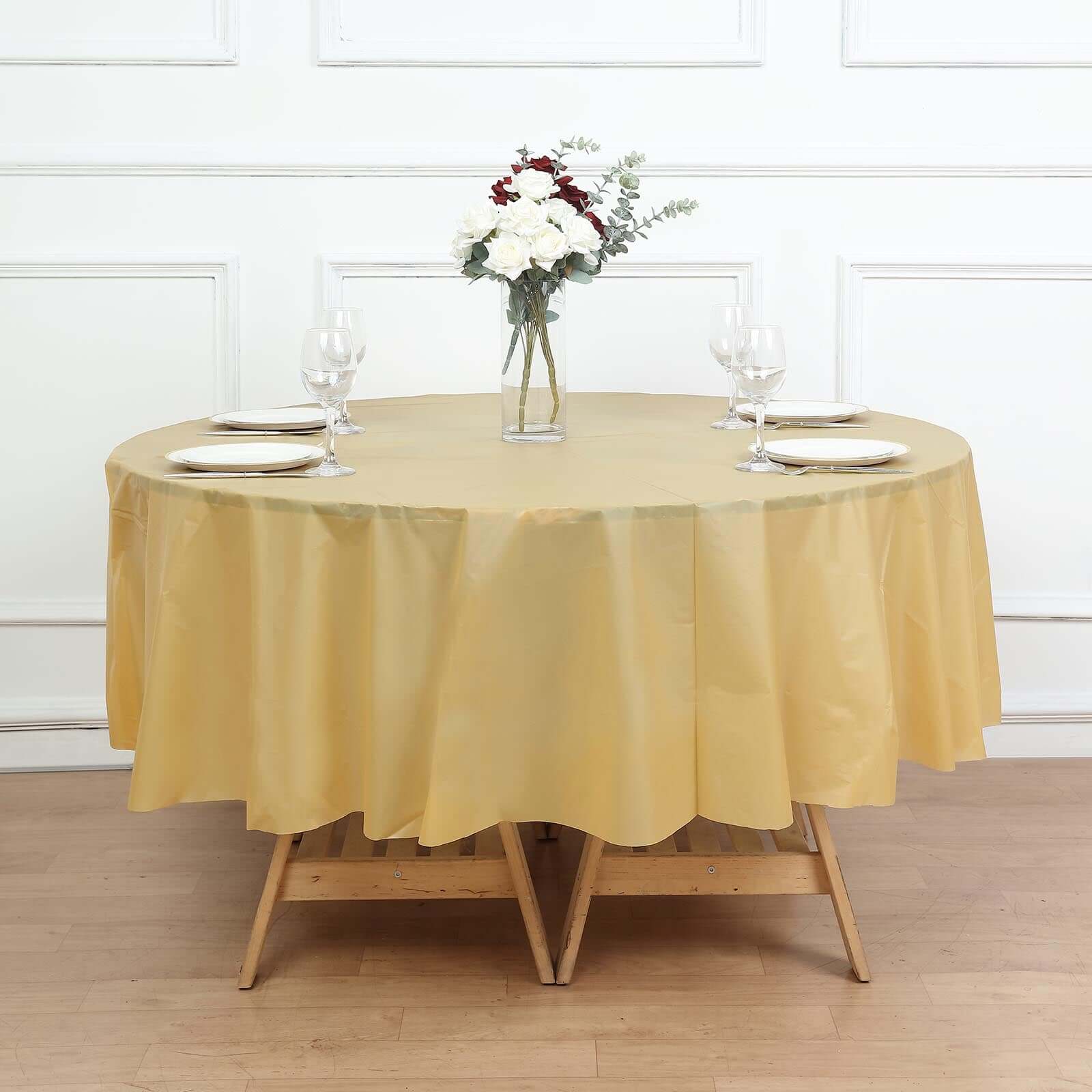 5-Pack Plastic Table Covers Gold Round - Durable PVC Disposable Tablecloths for Events 84"