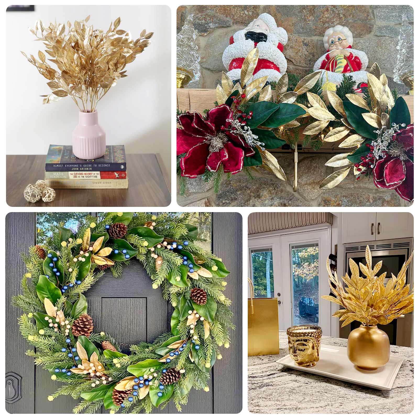 4-Pack Artificial Italian Ruscus Leaves Branches Metallic Gold - Flexible Faux Spray Plant Stem Vase Fillers for Exquisite Tablescapes & Floral Displays 14"