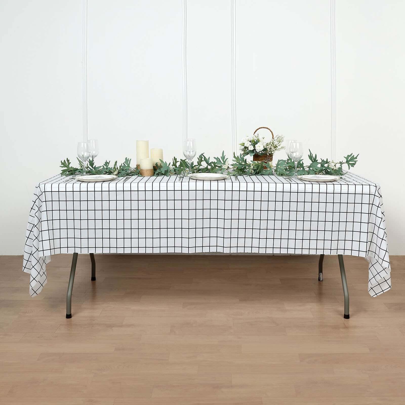 5-Pack Plastic Table Covers Black/White Grid Rectangle - Durable Checkered PVC Disposable Tablecloths 54"x108"