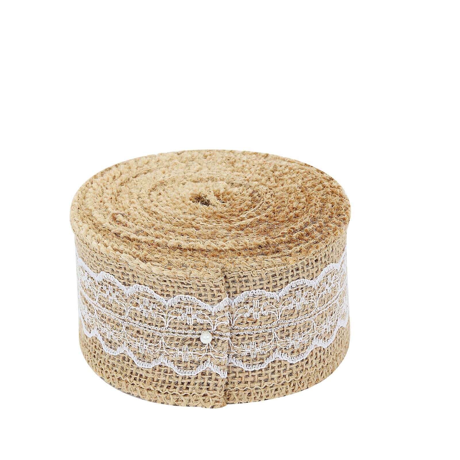 2" x 16FT Natural Jute Burlap Ribbon With Wavy Lace