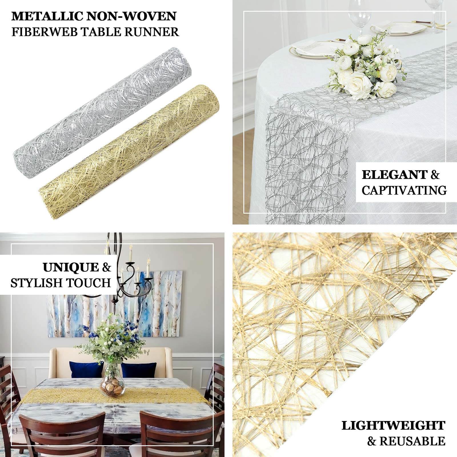 Polyester 12"x108" Table Runner Metallic Silver Disposable Non-Woven Fiber Roll - Stylish & Chic Table Decor