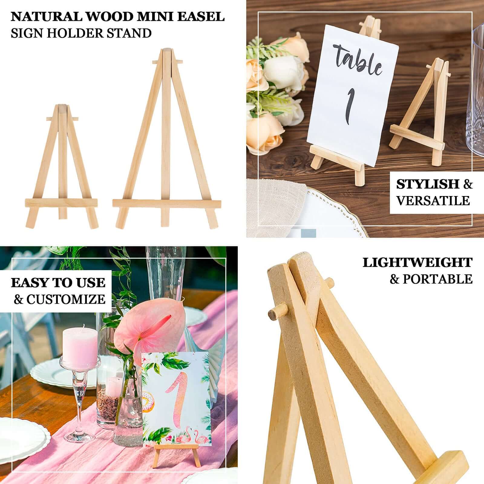 10-Pack Wooden Display Easel Stands DIY Small Design Natural - Rustic Place Card Table Number Holders 7"