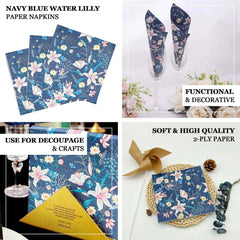 20-Pack Paper Beverage Napkins with Water Lily Floral Design Navy Blue - 2 Ply Soft 18GSM Wedding Napkins 6.5"x6.5"