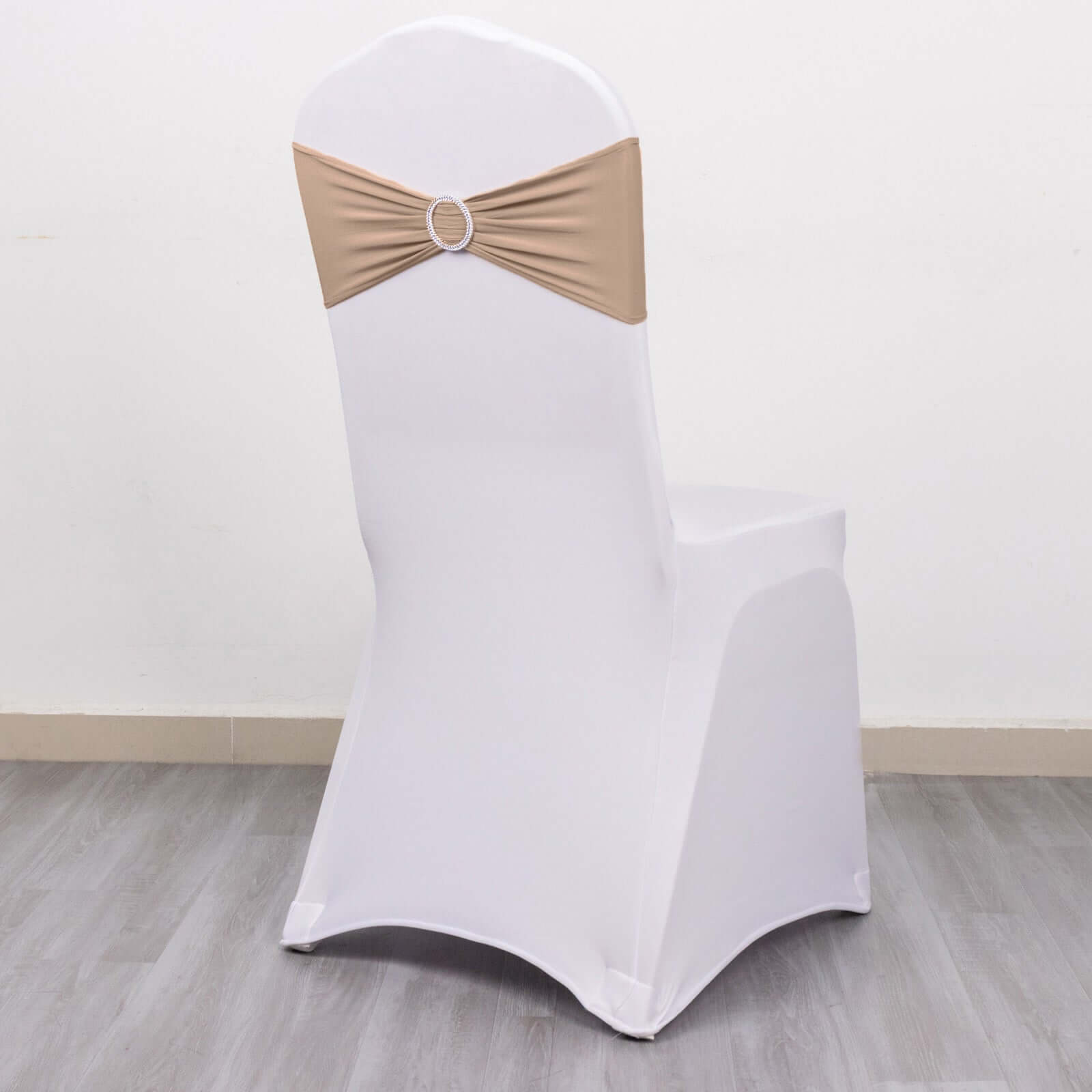 5 Pack Stretch Spandex Chair Sashes Nude - Reusable Chair Bands with Silver Diamond Ring Slide Buckle 5"x14"