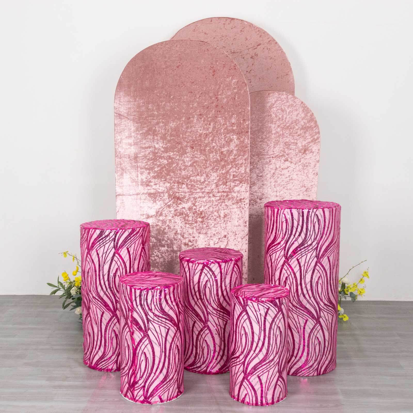 Set of 5 Fuchsia Wave Mesh Cylinder Pedestal Stand Covers with Embroidered Sequins, Pillar Prop Covers - 160 GSM