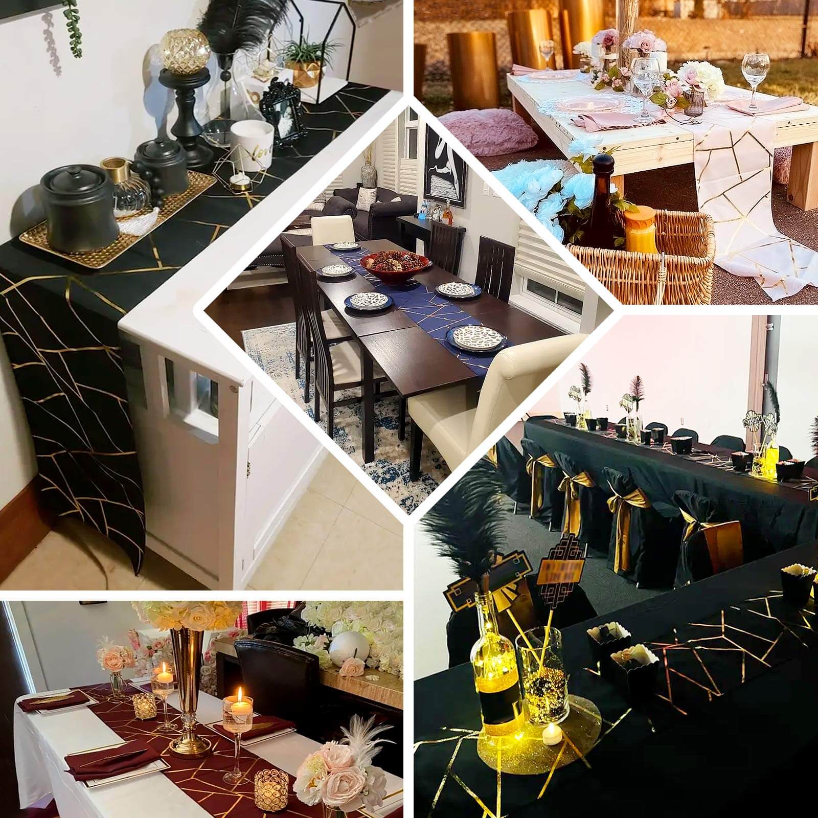 Polyester 9ft Table Runner Gold with Gold Foil Geometric Pattern - Modern & Stylish Table Decor