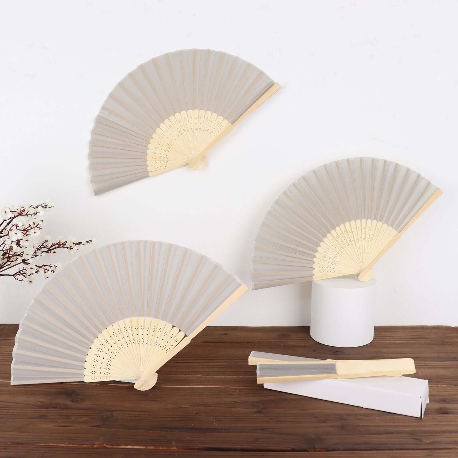 5 Pack Silver Asian Silk Folding Fans Party Favors, Oriental Folding Fan Favors