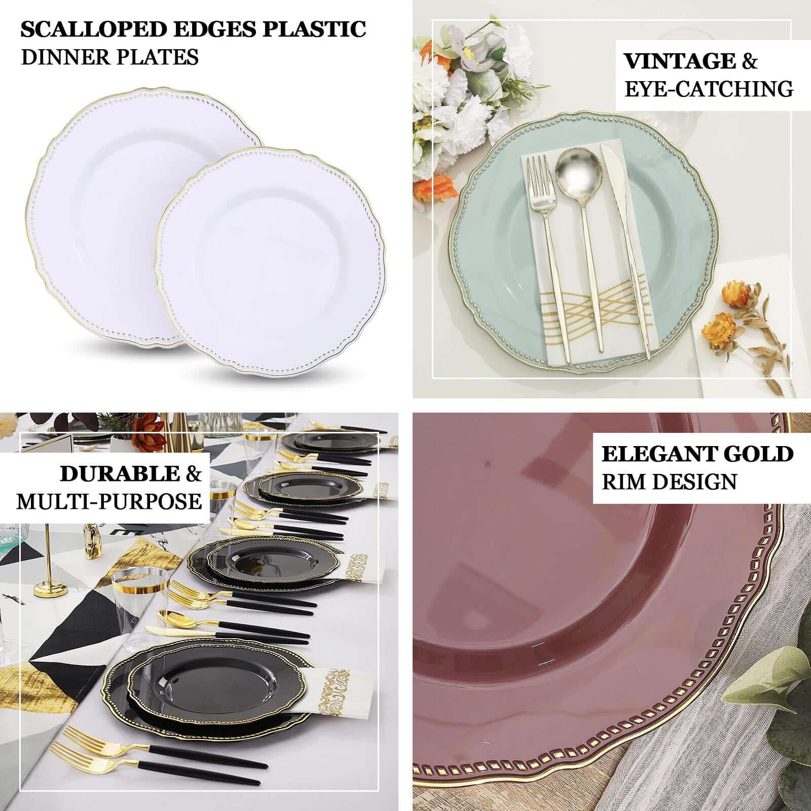10-Pack Plastic 10" Dinner Plates in Nude with Gold Scalloped Rim - Disposable Large Party Plates