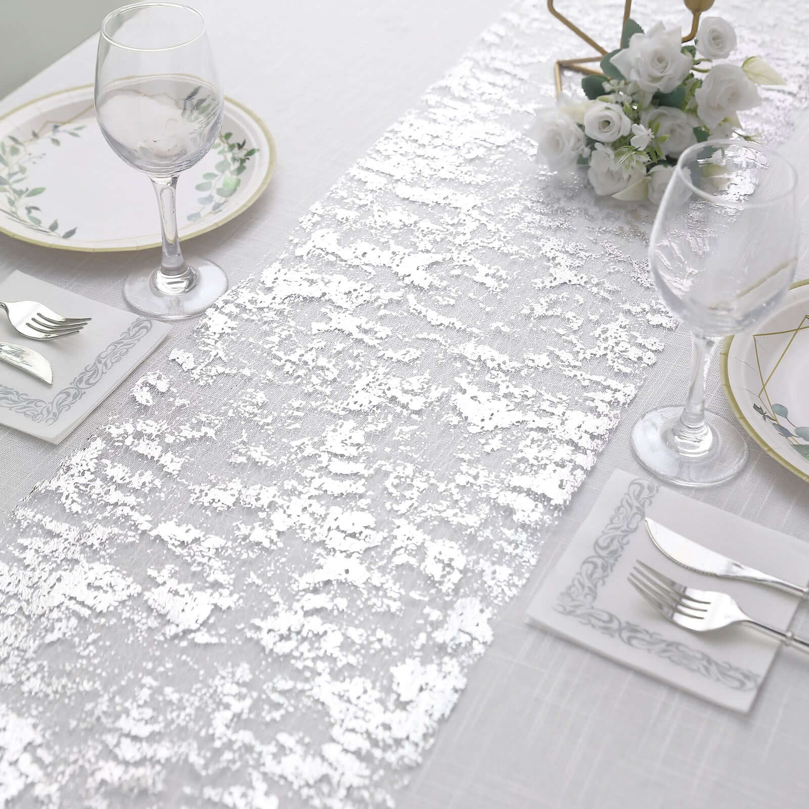 Mesh Polyester 108" Table Runner Roll Metallic Silver - Distressed Foil Look Disposable Table Decor