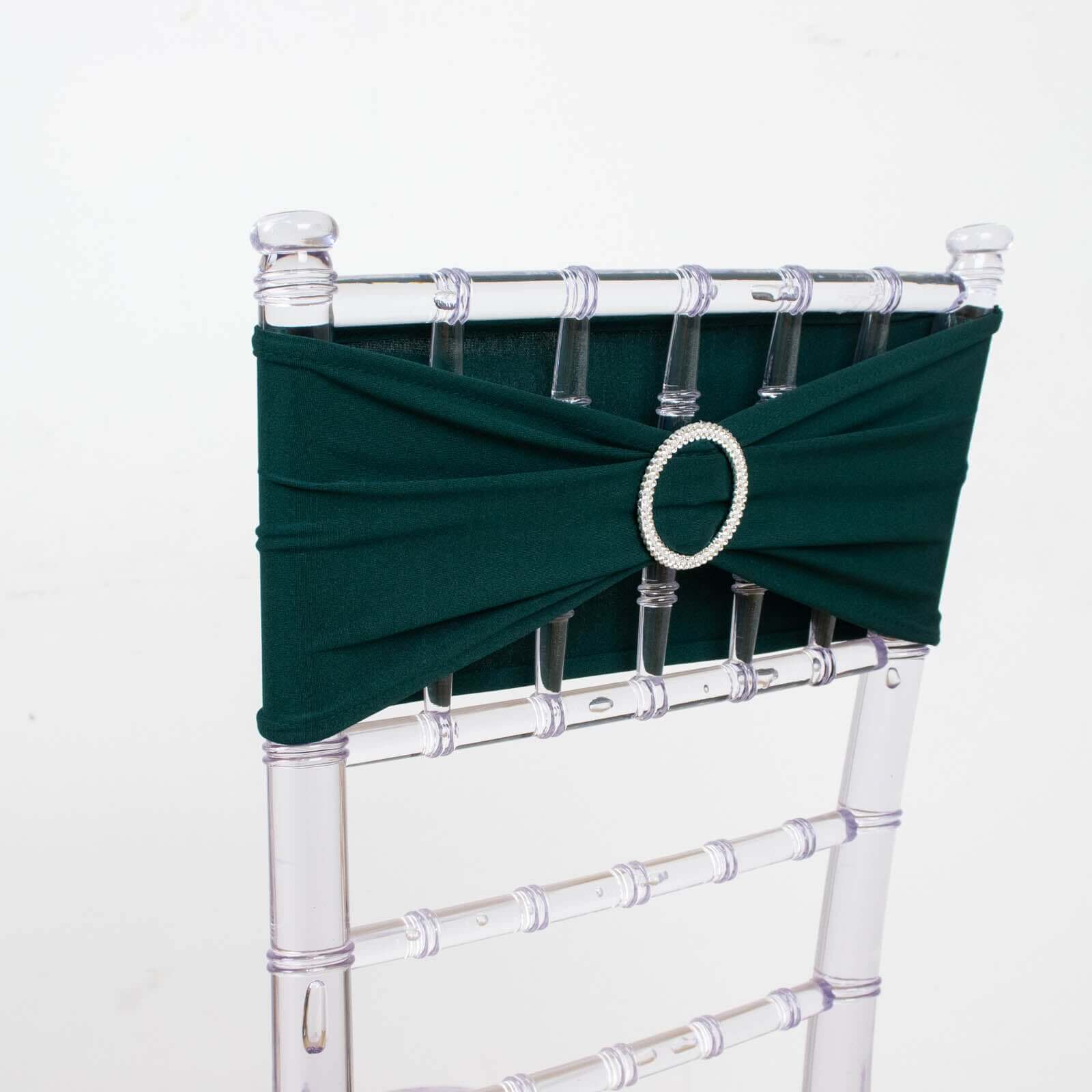 5 Pack Stretch Spandex Chair Sashes Hunter Emerald Green - Reusable Chair Bands with Silver Diamond Ring Slide Buckle 5"x14"