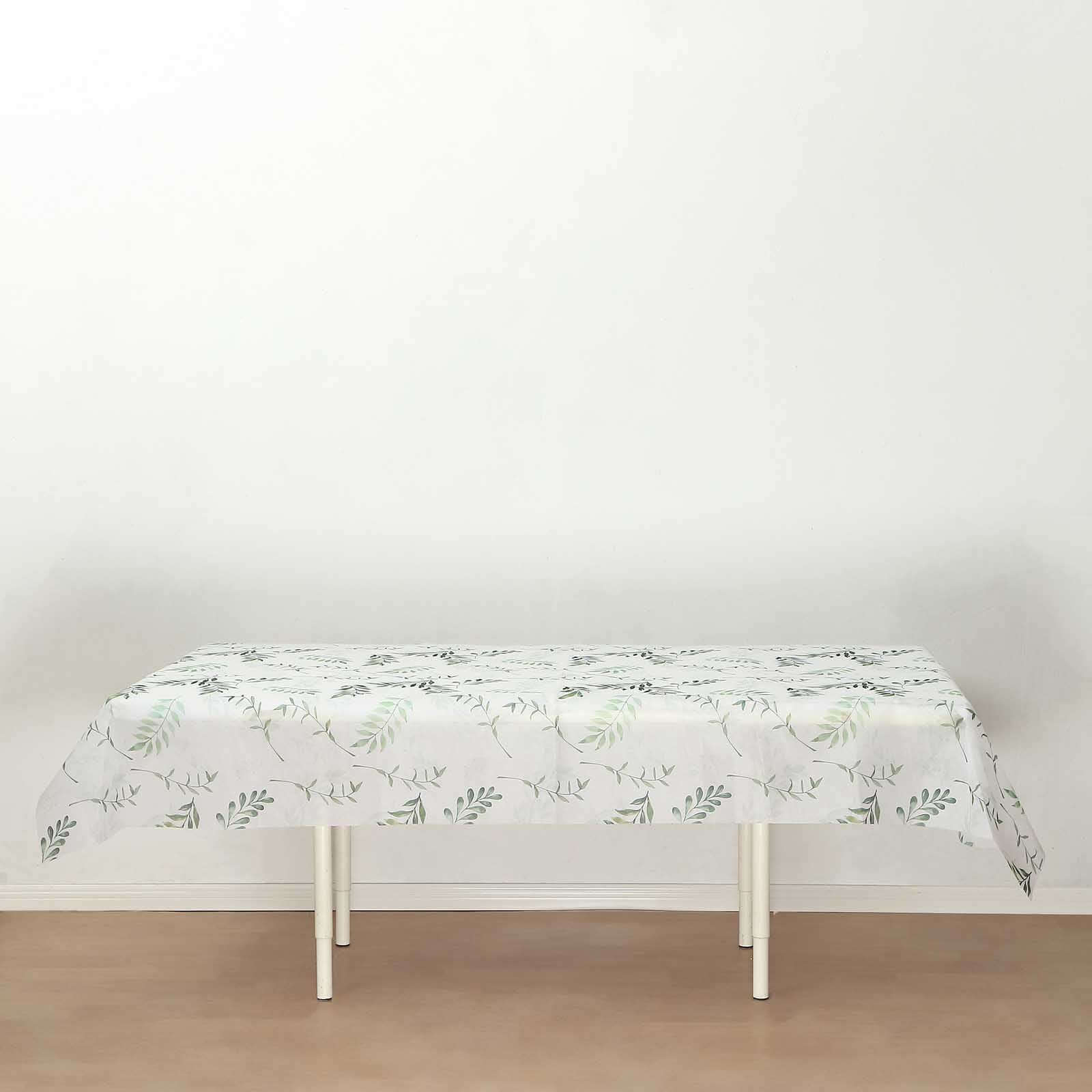 Non-Woven Tablecloth Rectangle White/Green with Olive Leaves Print - Perfect Disposable Table Cover for Summer 60"x102"