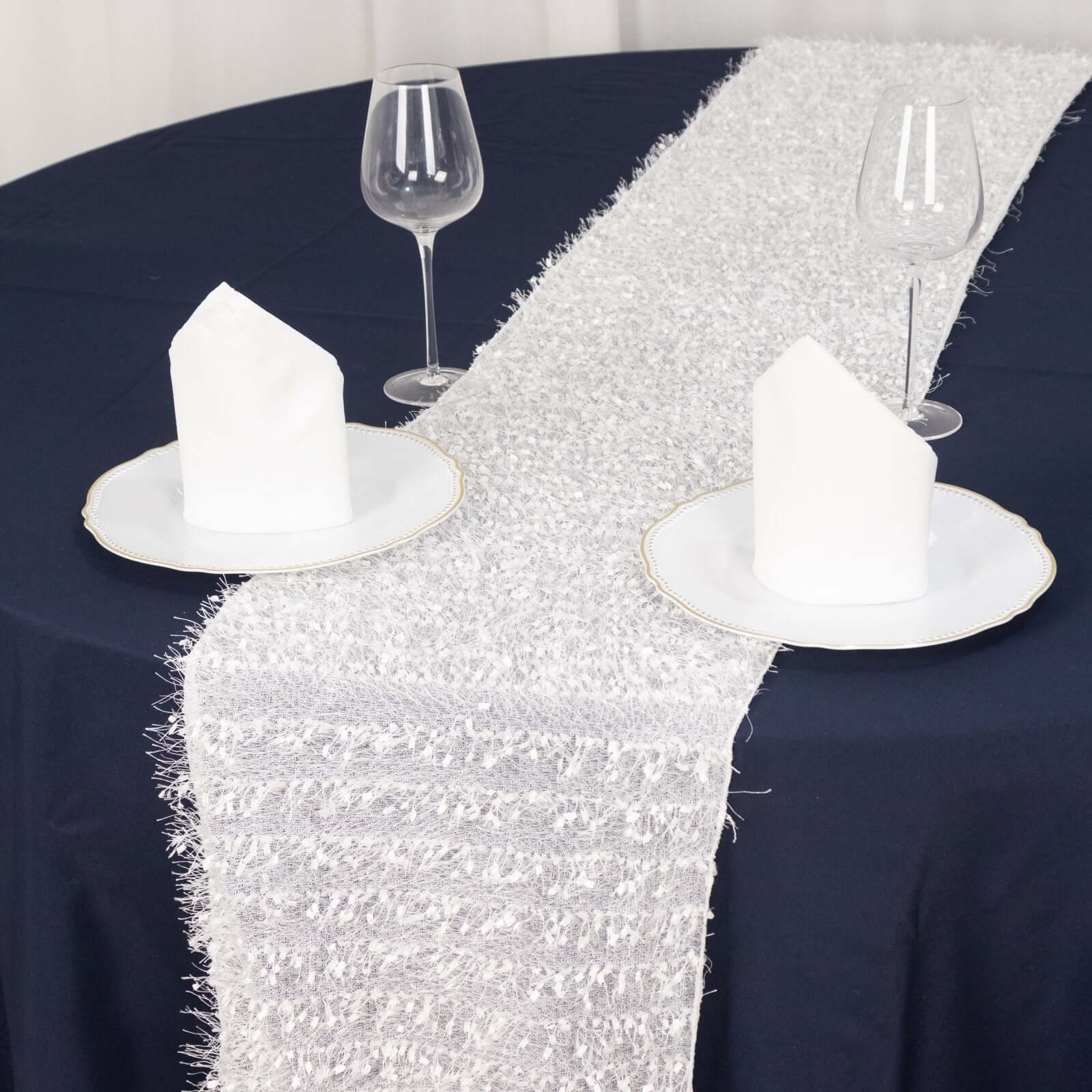 Polyester 12"x108" Table Runner White - Fringe Shag Table Decor