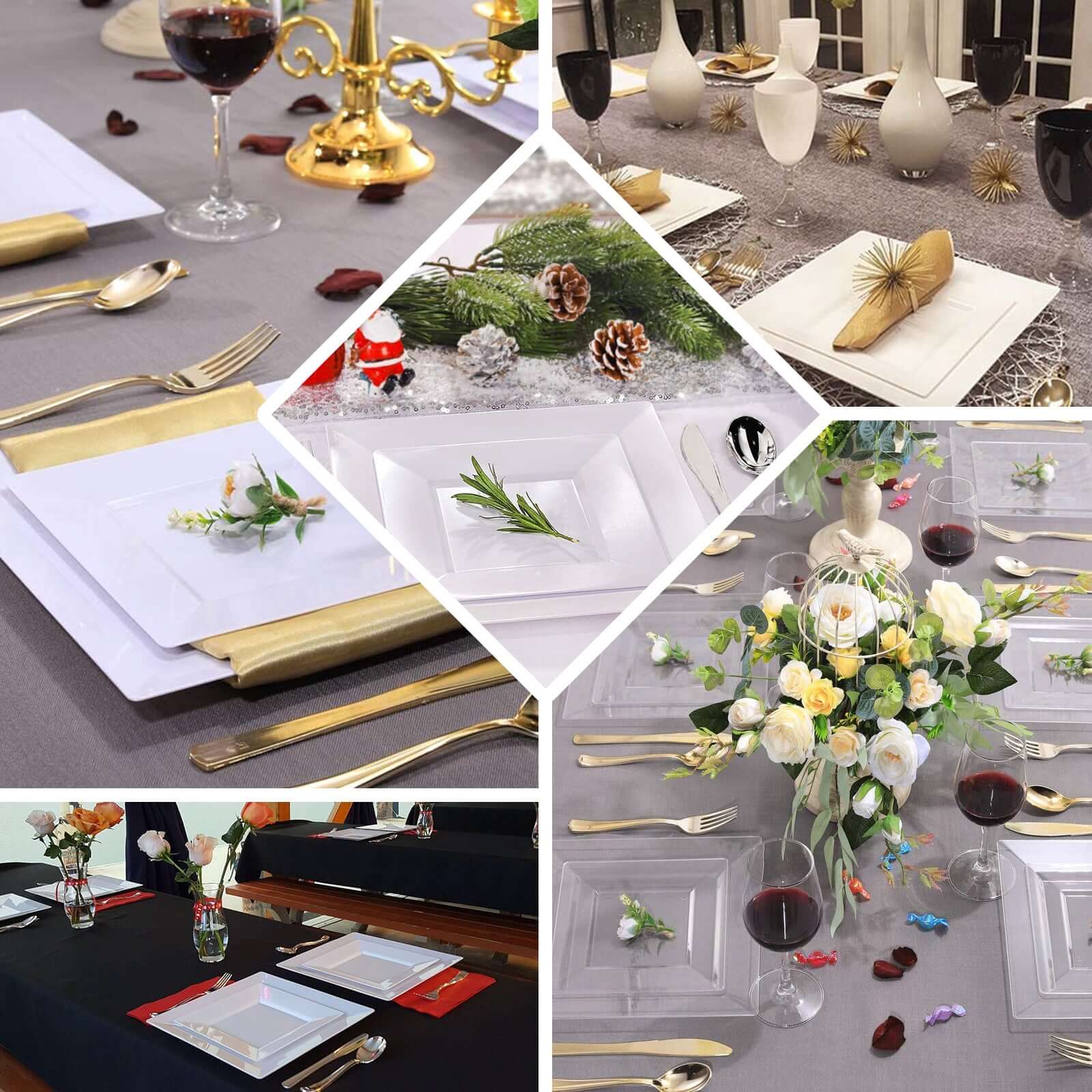 10-Pack Dessert Plates Square Design with Wide Rim Glossy White - Plastic Disposable Plates for Events 6"