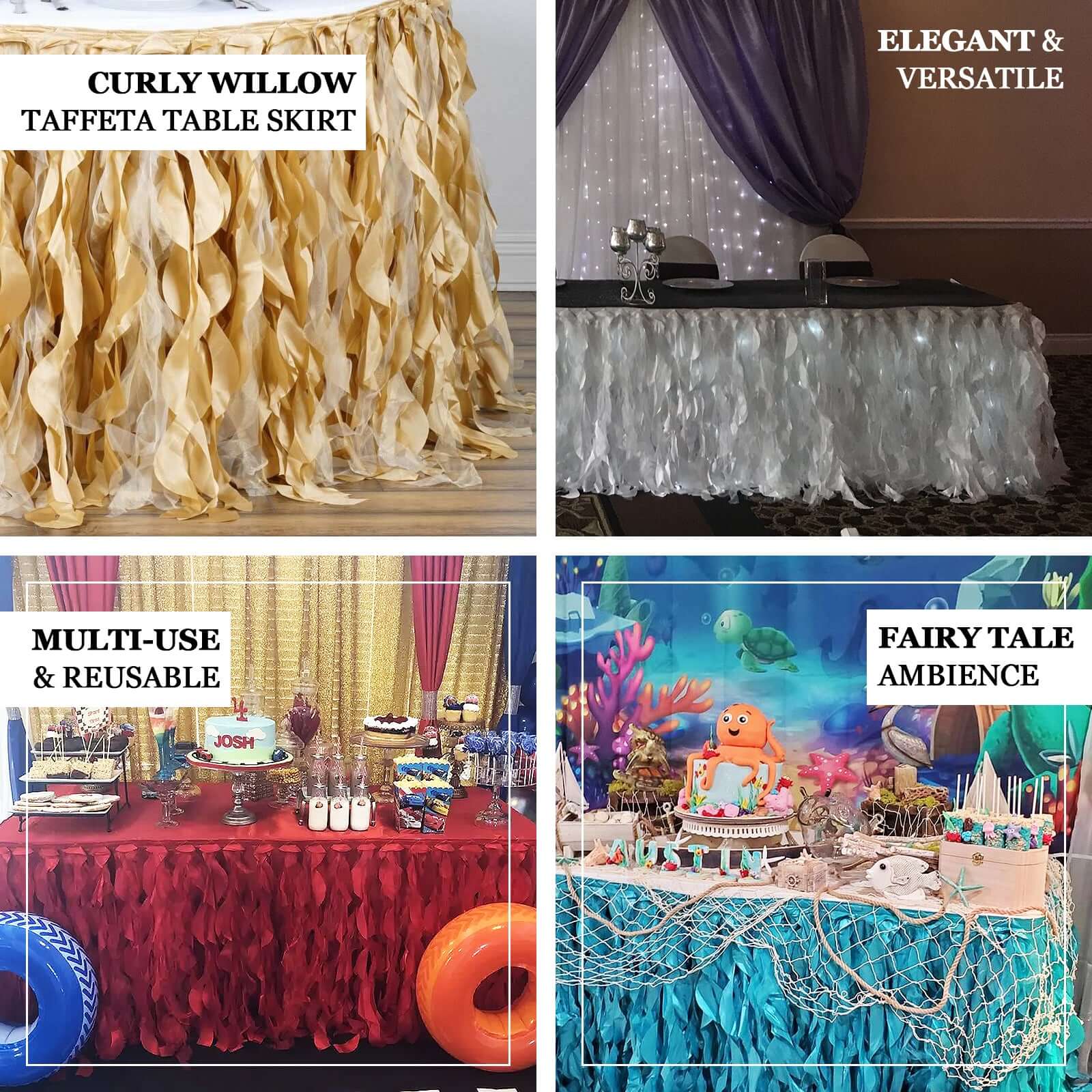 Taffeta 17ft Table Skirt White Cascading Curly Willow Style for Weddings & Banquets