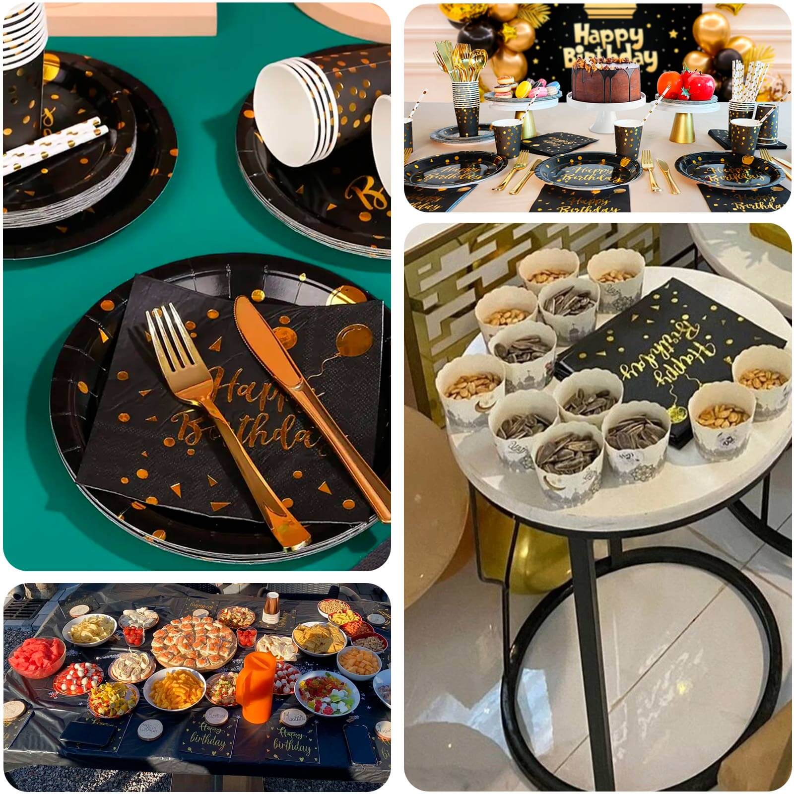 20-Pack Paper Beverage Napkins with Happy Birthday Foil Print Black/Gold - 2 Ply Disposable 18GSM Soft Party Napkins 6.5"x6.5"