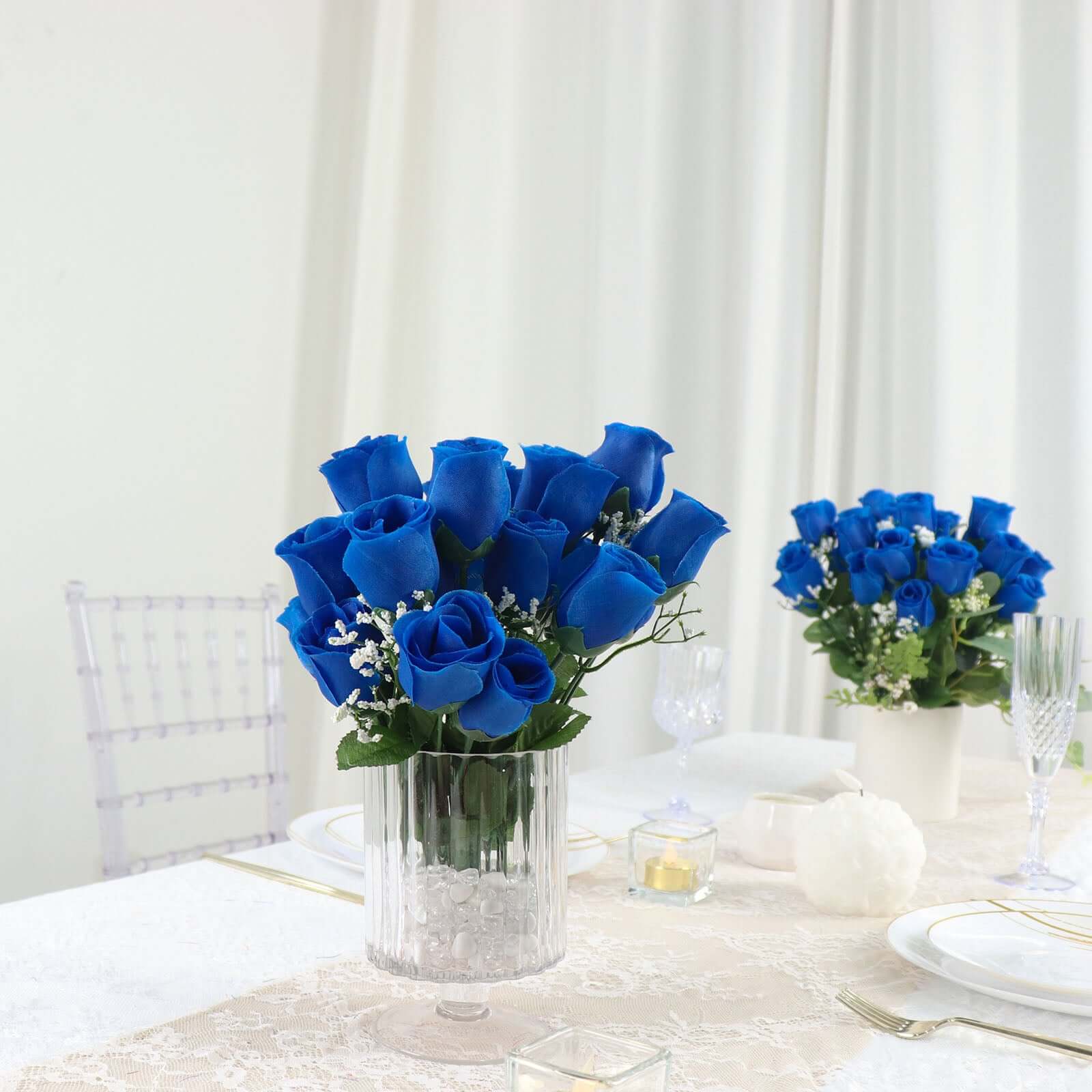12 Bushes Royal Blue Artificial Premium Silk Flower Rose Bud Bouquets