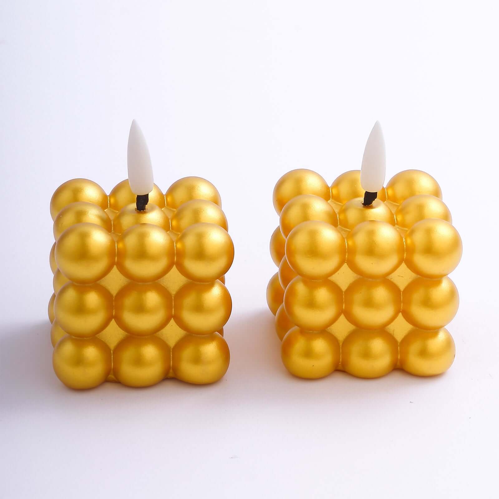 2-Pack LED Flameless Cube Candles Mini Bubble Metallic Gold - Battery Operated 2"