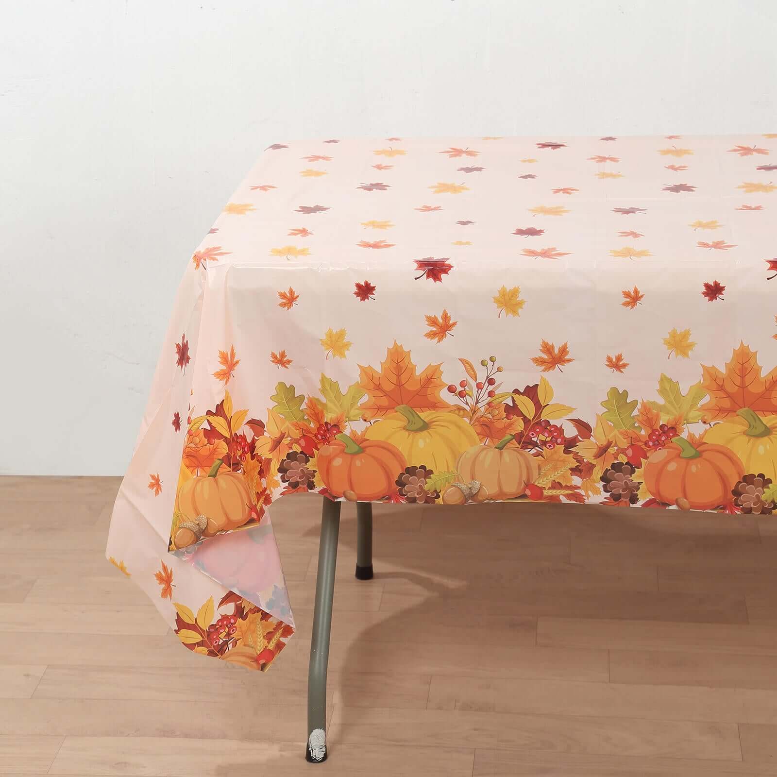 5-Pack Plastic Tablecloths Orange Thanksgiving Rectangle with Fall Leaves Pumpkin Print - Festive PVC Disposable Table Covers 54"x108"