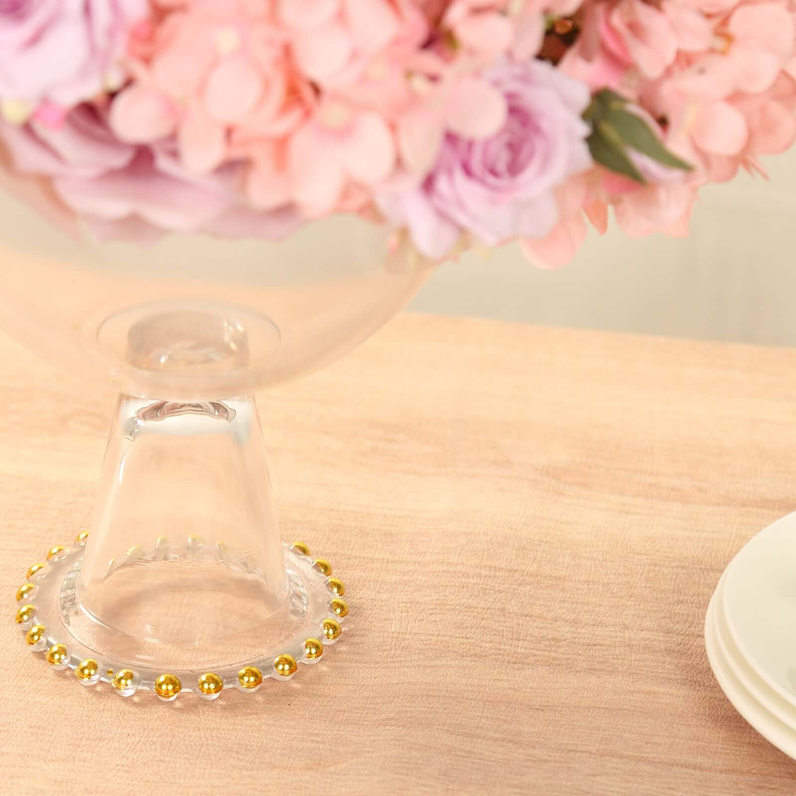 Compote Pedestal Bowl Glass Flower Vase Clear with Gold Beaded Rim - Footed Candy Trifle Bowl for Displays 8"