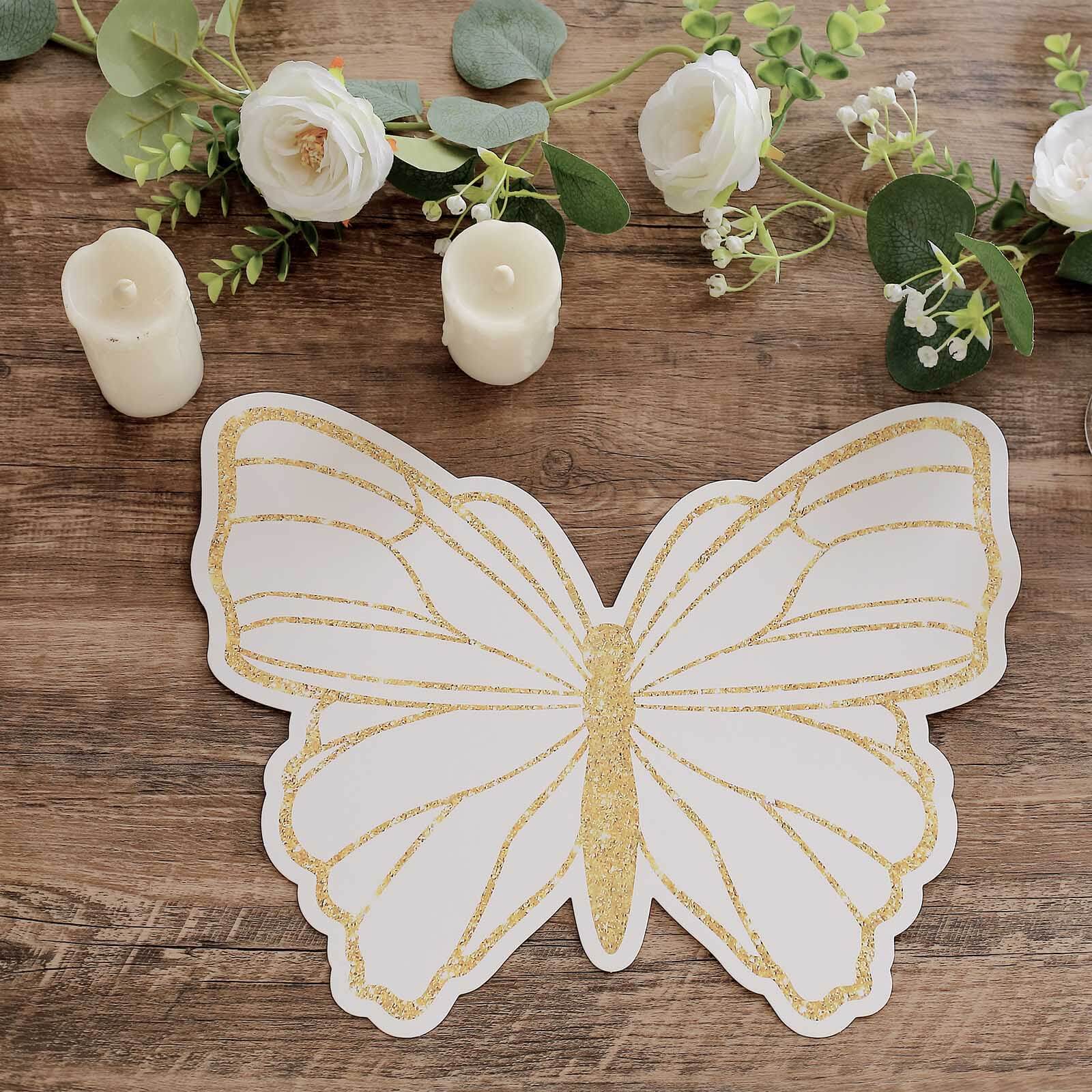 10-Pack Disposable Table Placemats with White Butterfly Design & Gold Glitters - 400GSM Cardboard Placemats for Kids' Parties, Baby Showers & Celebrations 14"
