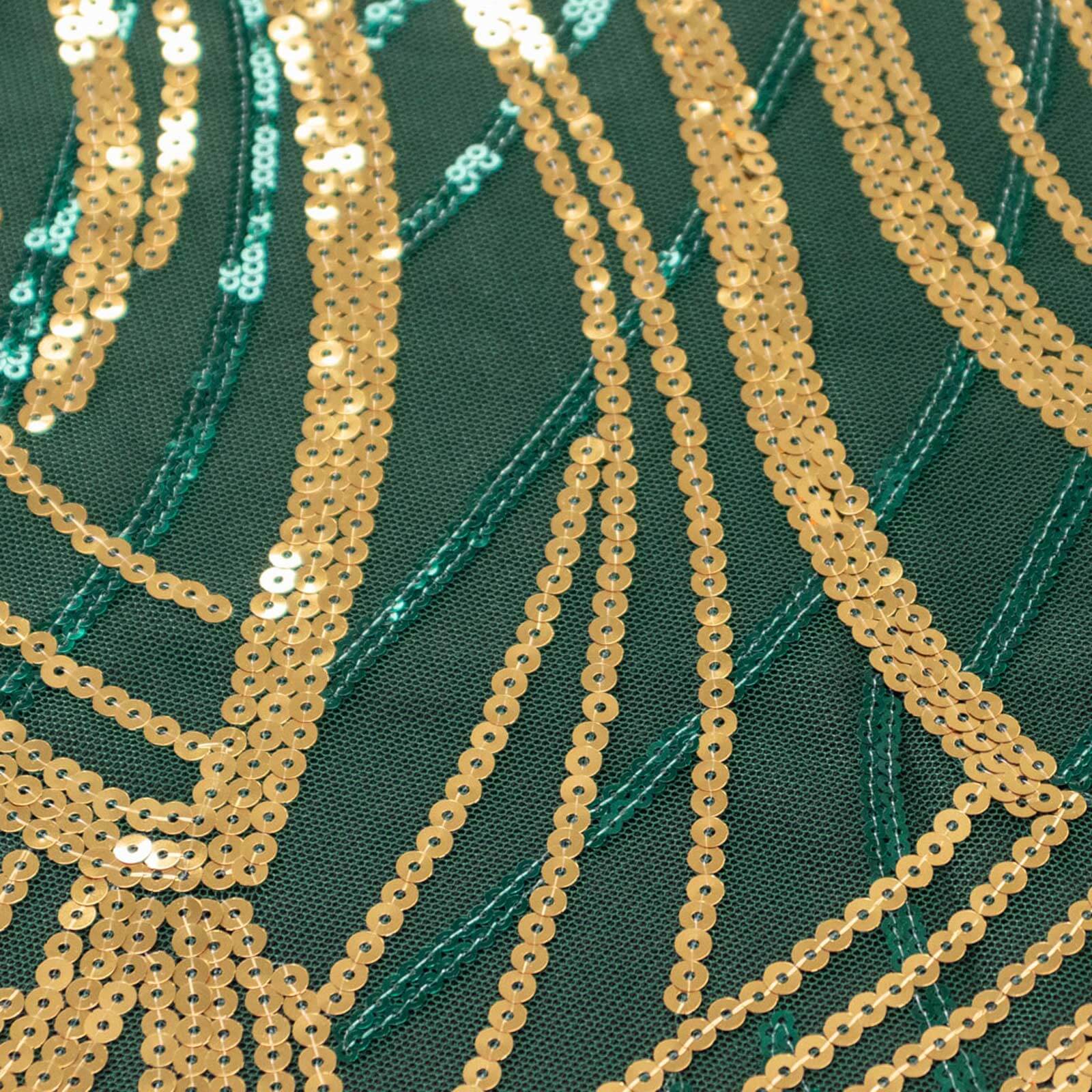 Sequin Mesh 12"x108" Table Runner Hunter Emerald Green/Gold Stylish Wave Embroidery