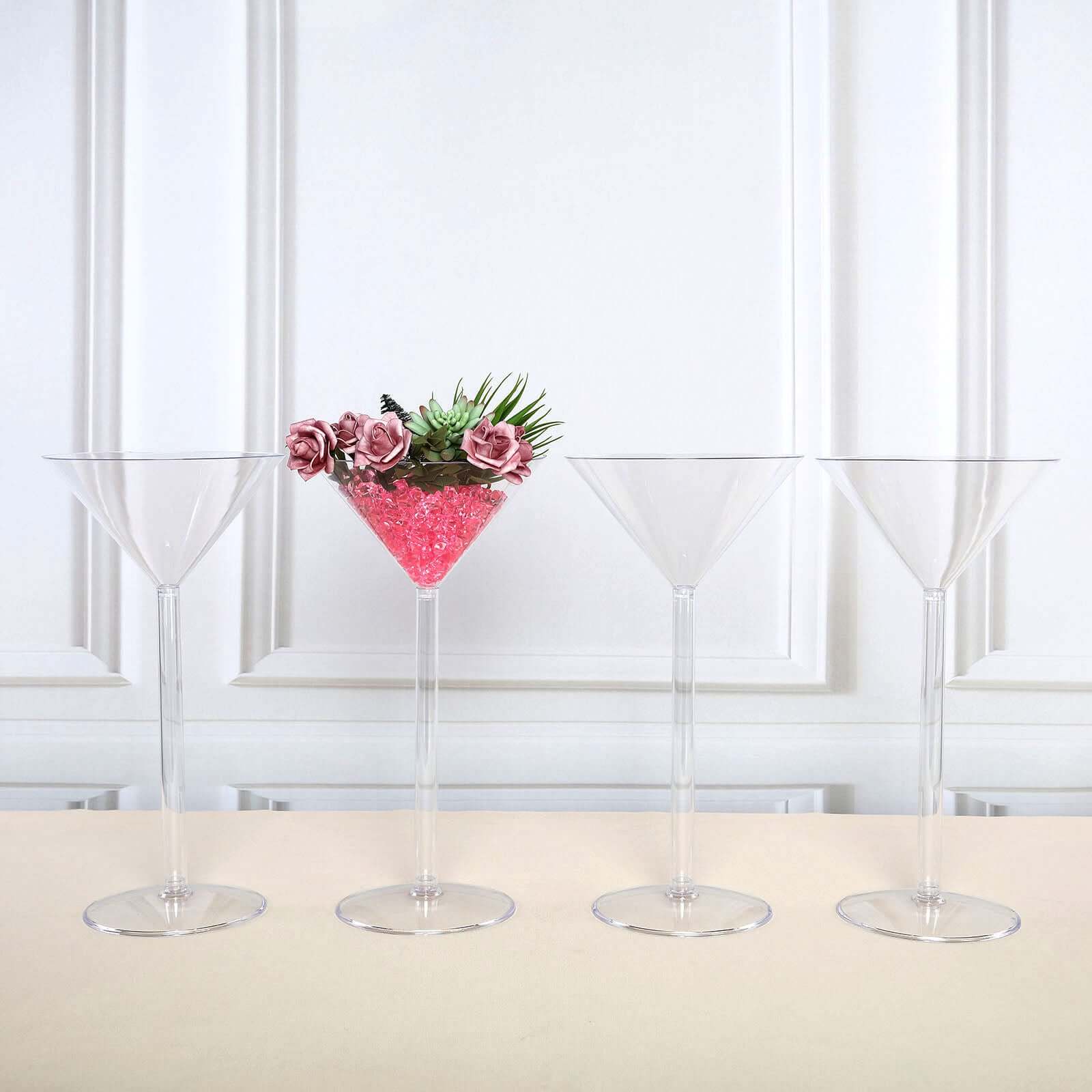 4-Pack Plastic Flower Vases Martini Glass Design Clear - Fillable Long Stem Event Centerpieces 18"