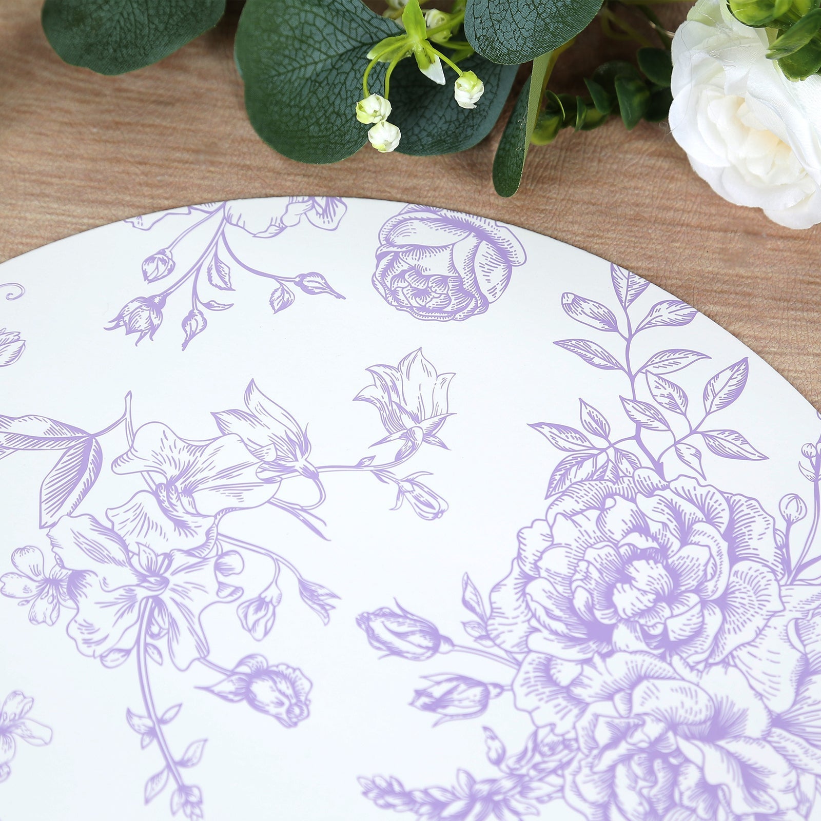 10-Pack Disposable Table Placemats in French Toile Print 13" in White/Matte Lavender - Chic Floral Cardboard Placemats for Stylish Table Setting
