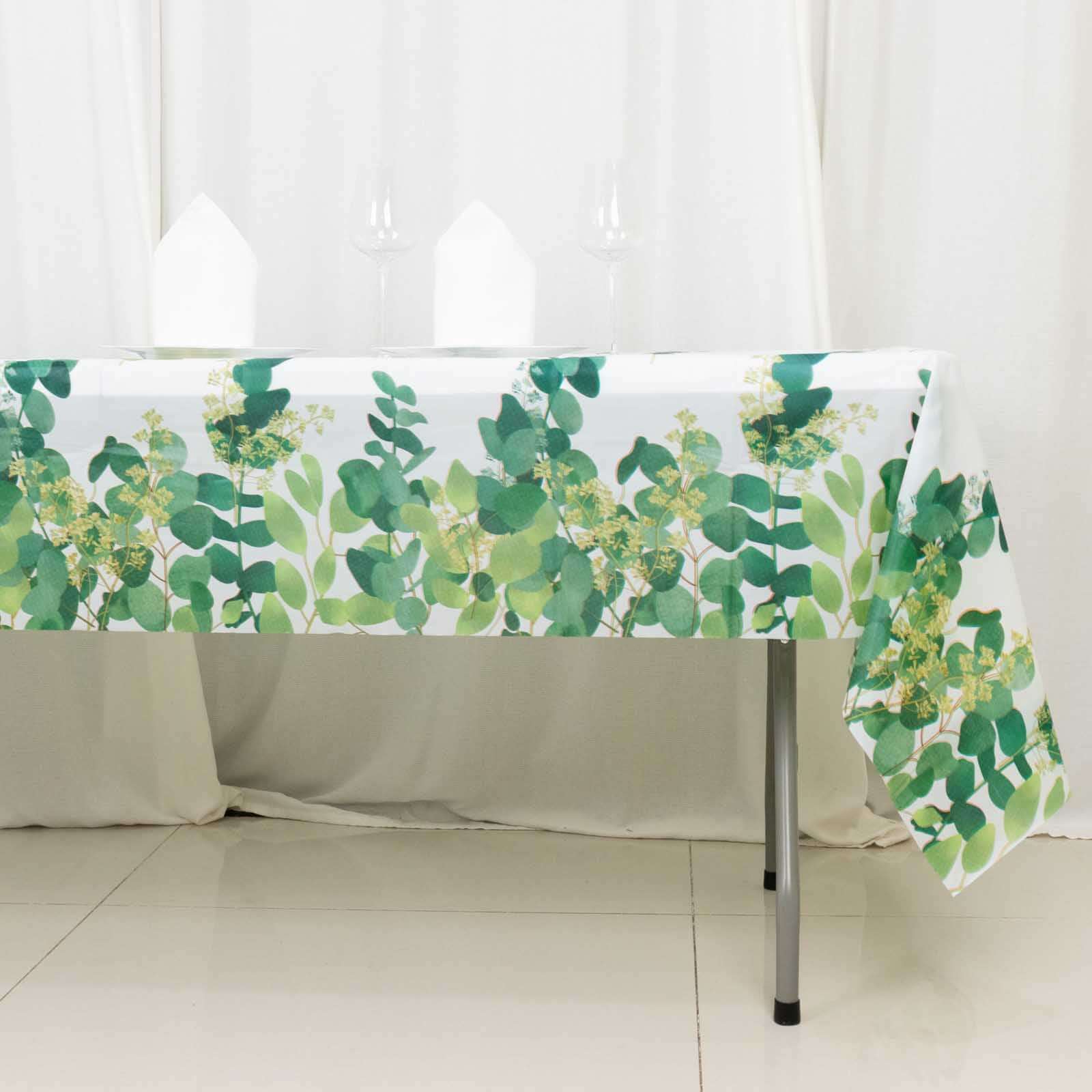 5-Pack Plastic Table Covers White/Green Rectangle with Eucalyptus Leaves Print - Decorative PVC Disposable Tablecloths 54"x108"