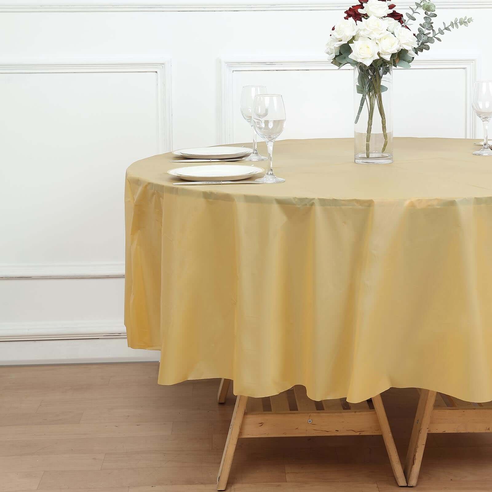 5-Pack Plastic Table Covers Gold Round - Durable PVC Disposable Tablecloths for Events 84"