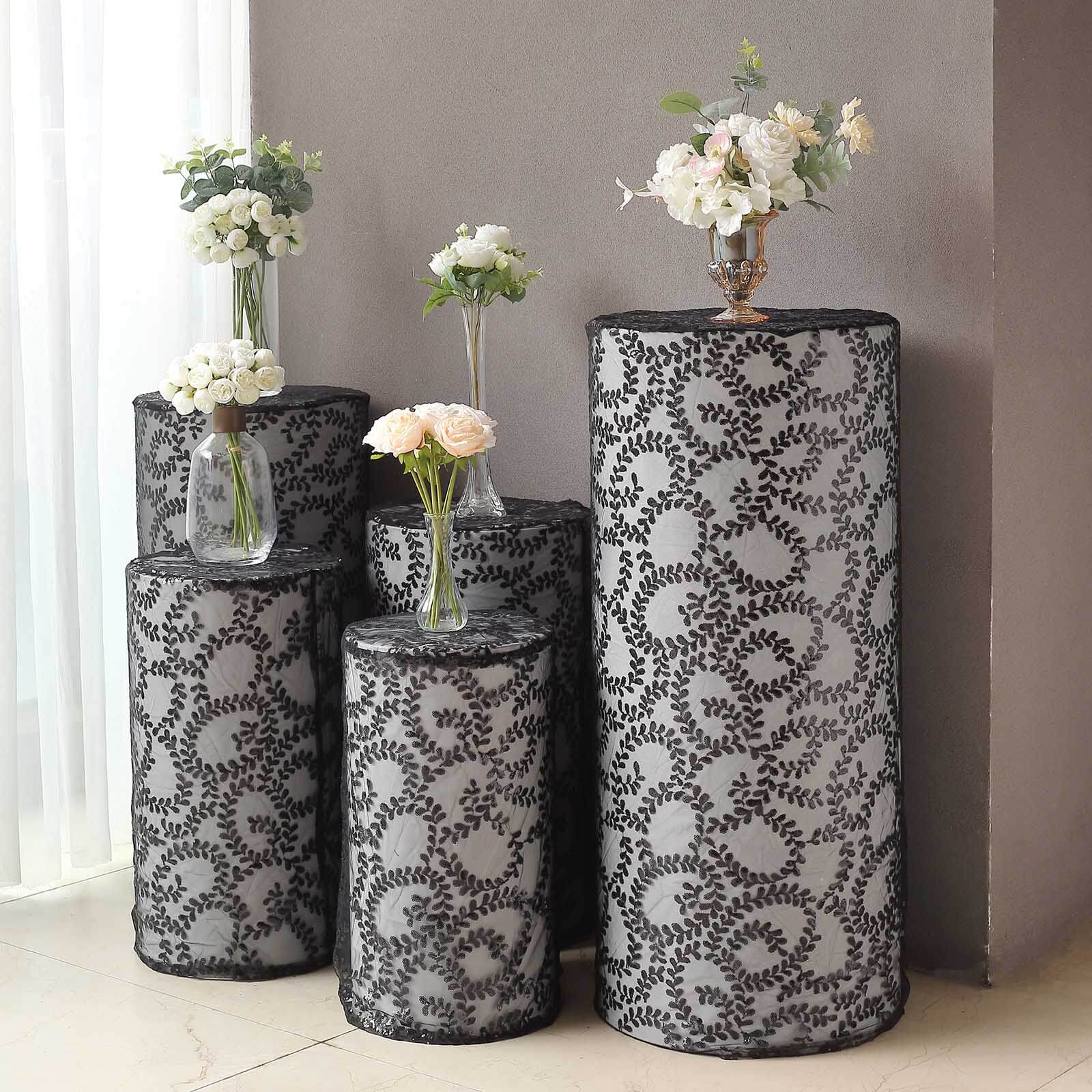 Set of 5 Black Sequin Mesh Cylinder Pedestal Stand Covers with Leaf Vine Embroidery, Sparkly Sheer Tulle Pillar Prop Covers