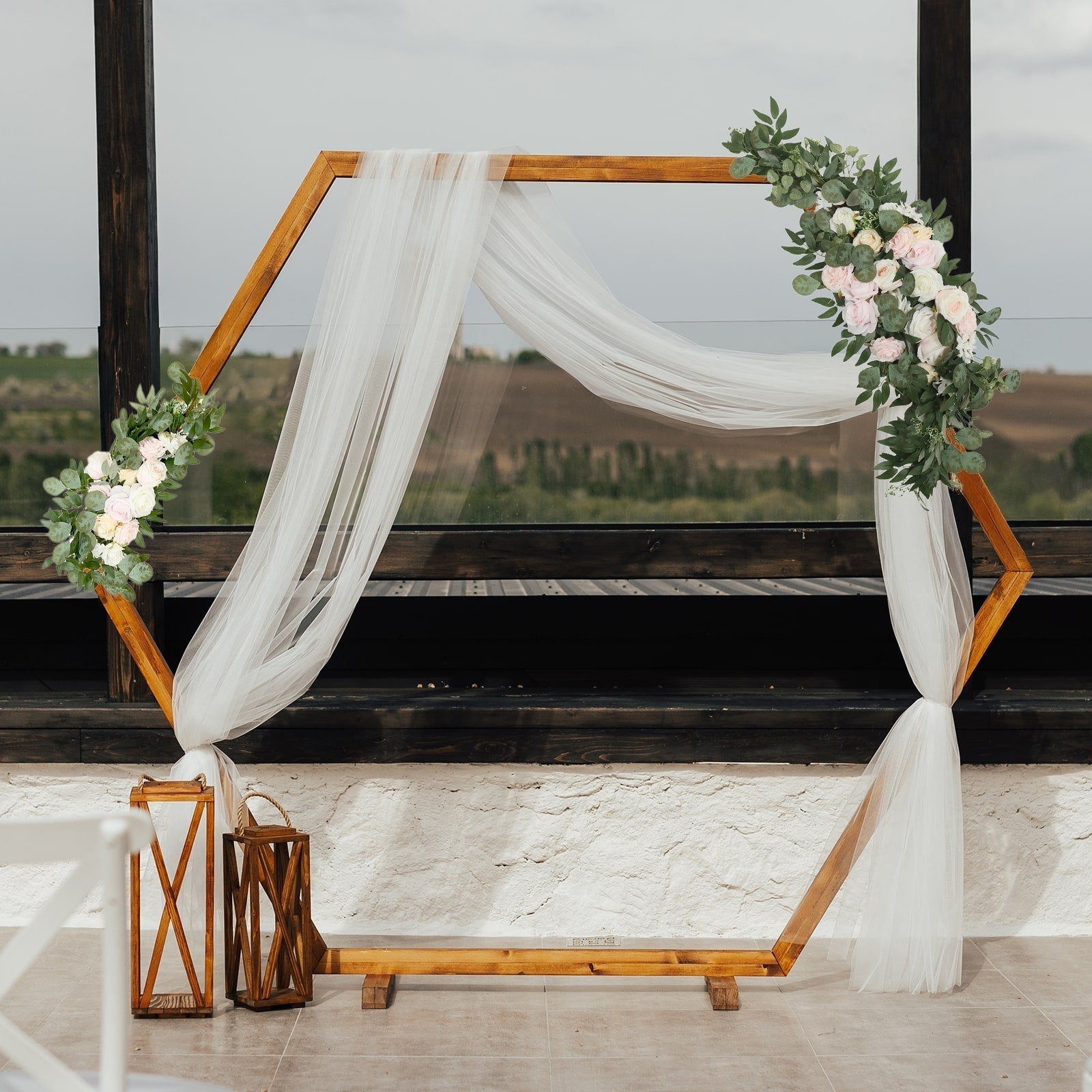 Set of 2 Silk Rose Floral Swag Wedding Arch Flowers in Cream Blush with Eucalyptus Leaves, Large Artificial Flower Arrangement Garlands - 24",42"