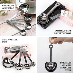 Set of 4 Engraved Silver Heart Measuring Spoon Wedding Party Favors Set, Free Gift Box & Thank You Tag Included